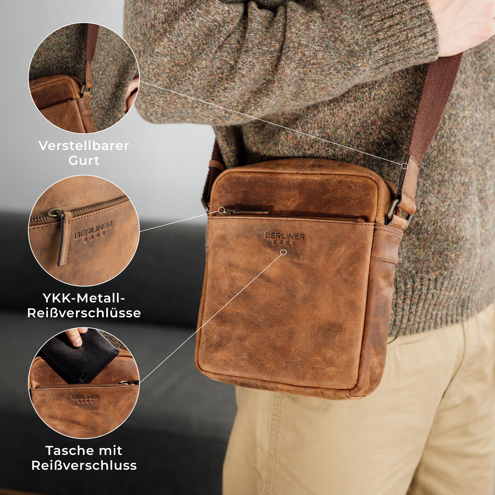 Berliner Bags Vintage Umhängetasche Tom, Schultertasche aus Leder, Männerhandtasche und Crossbody für Herren