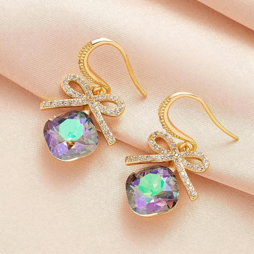 EVEVIC Austrian Crystal Cushion Bow Drop Earrings for Women 14K Gold Plated Hypoallergenic Dangle Earring Jewelry Gifts - Image 5