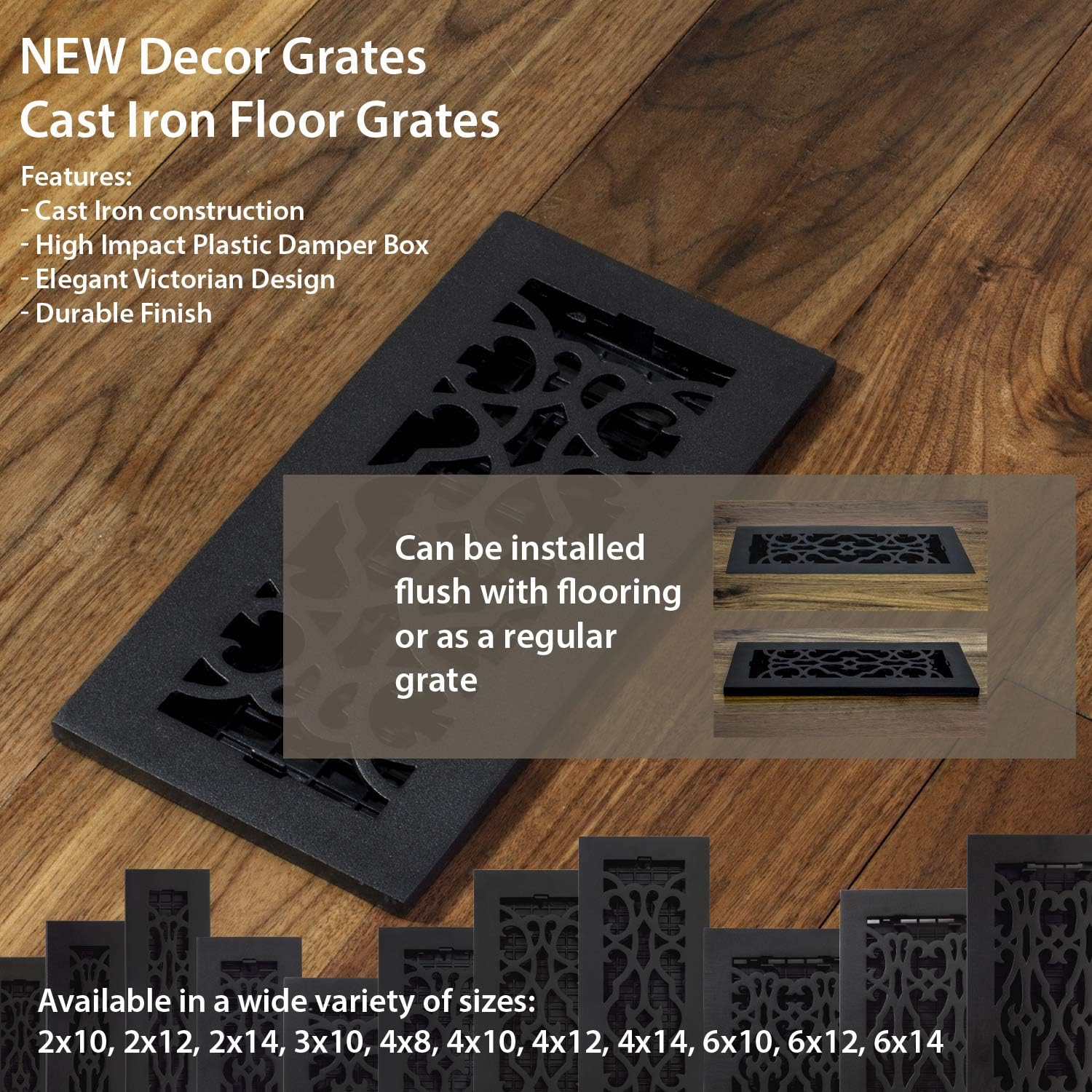 Victorian Black Cast Iron Floor Register, 4 x 10