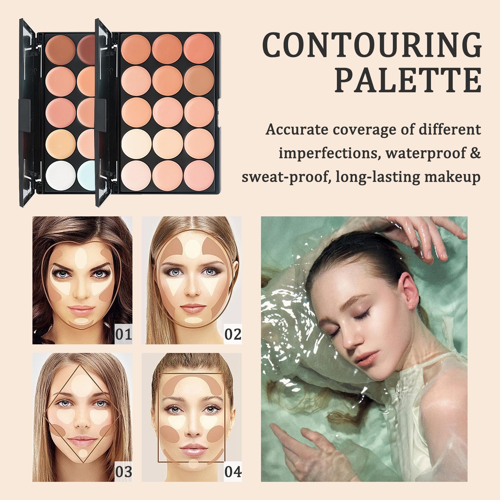 Concealer-Palette, 3-teilig, 15 Farben, mit Pinseln, wasserfeste Farbkorrekturpalette, Concealer-Palette mit vollständiger Abdeckung, Creme