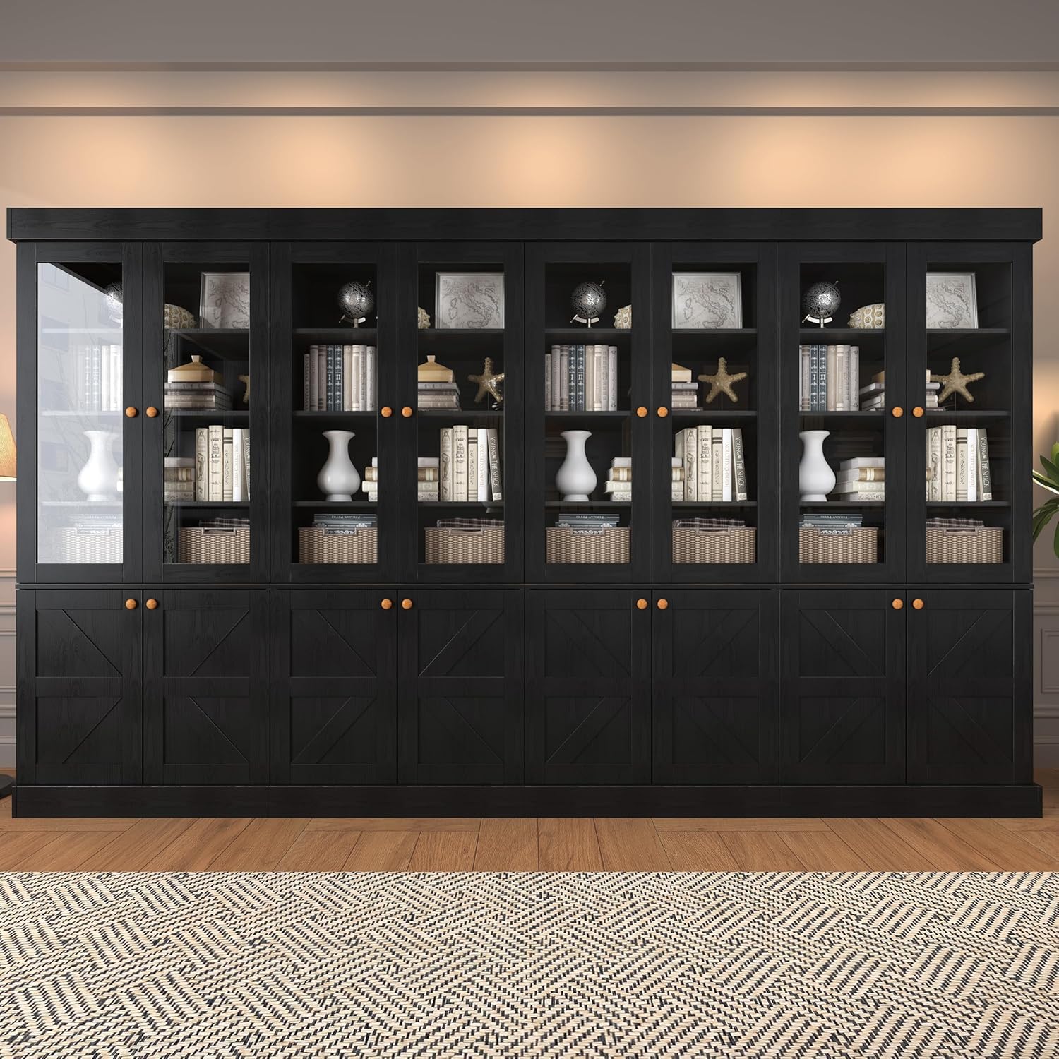 Vyre 71" Tall Farmhouse Bookshelves with Glass Doors, Set of 4 – Large Modular Bookcase with Adjustable Shelves, Storage Cabinet for Living Room, Kitchen, Home Office, Black