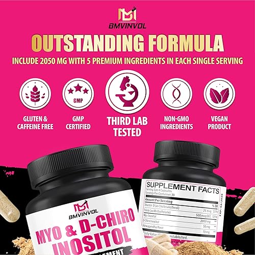 Miniatura 7 de BMVINVOL Cápsulas de 2,050 mg de mio-inositol y D-Chiro inositol con folato, vitamina D, equilibrio hormonal y apoyo ovárico para mujeres,