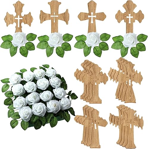 16 juegos de cruz de madera católica de pie con base 16 piezas de flores artificiales blancas con tallos para bautismo primera comunión mesa de boda