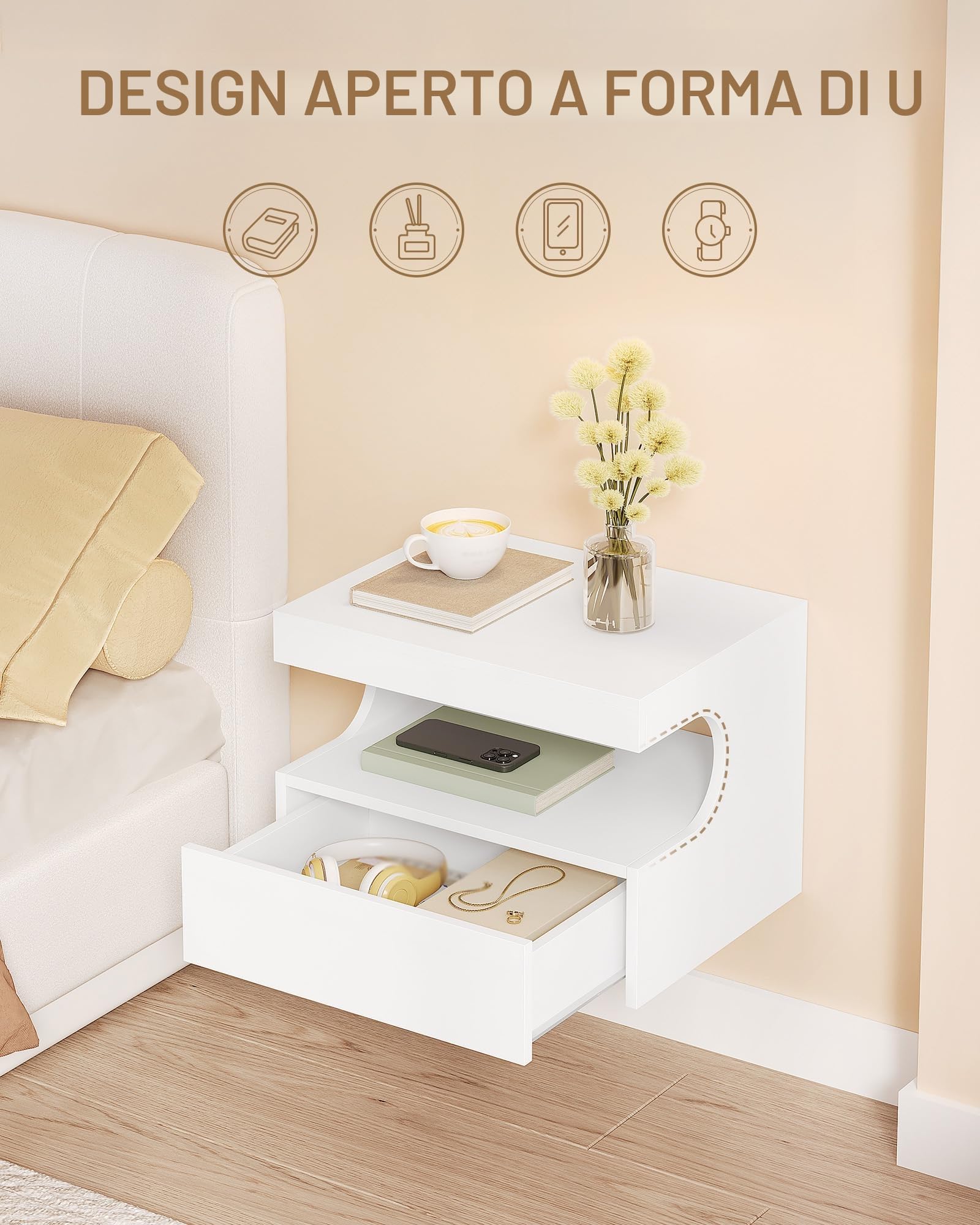 Hzuaneri Comodino Sospeso Set di 2, 1 Cassetto con Guide, Spazio Aperto a Forma di U, Moderno, per Camera da Letto Soggiorno, 30 x 40 x 29,2 cm, Bianco NS50203X