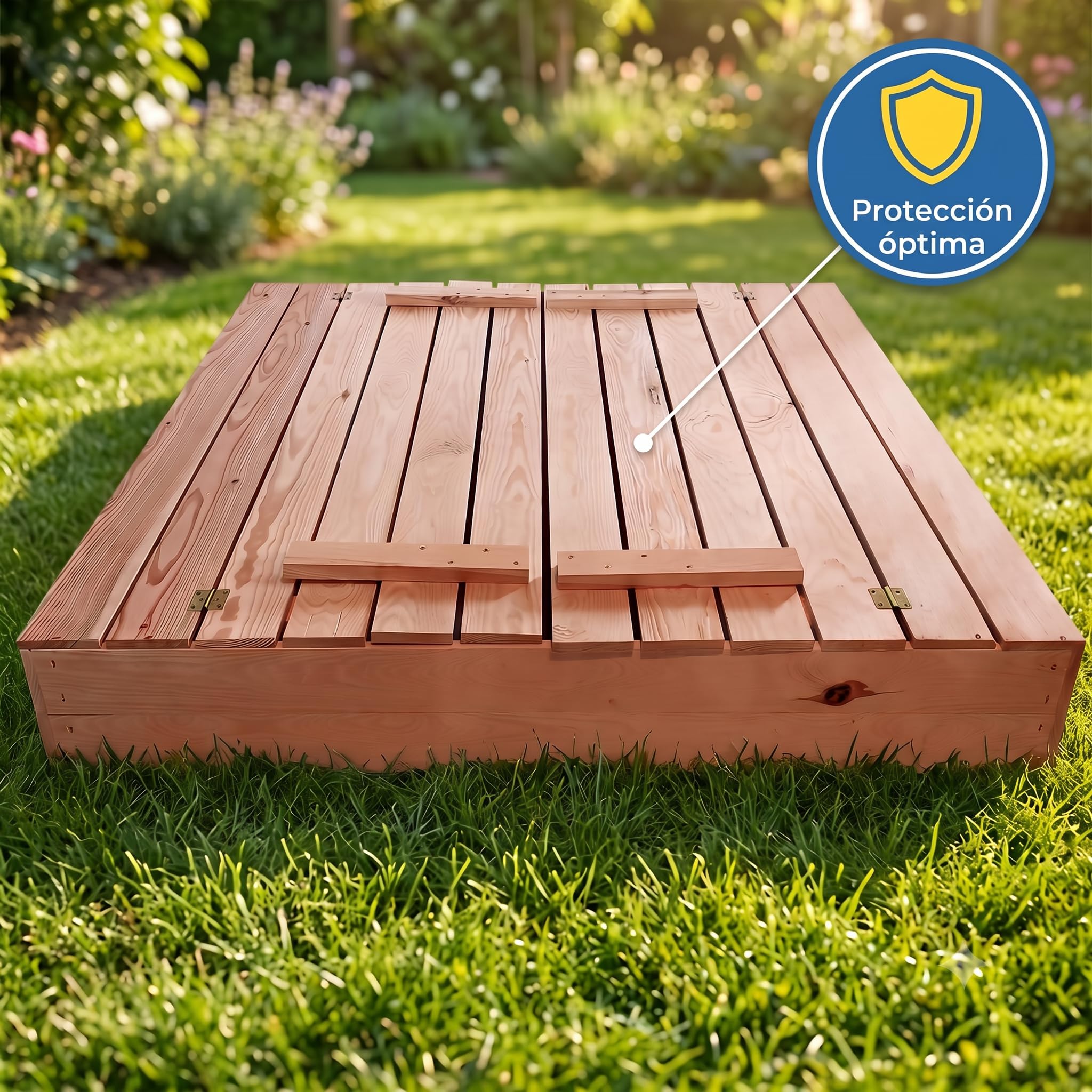 VELORA H&L Arenero Infantil de Madera con Tapa y 2 Bancos 120 x 120 cm – Caja de Arena 2 en 1 para Niños, Jardín y Exterior, Tela de Fondo Incluida