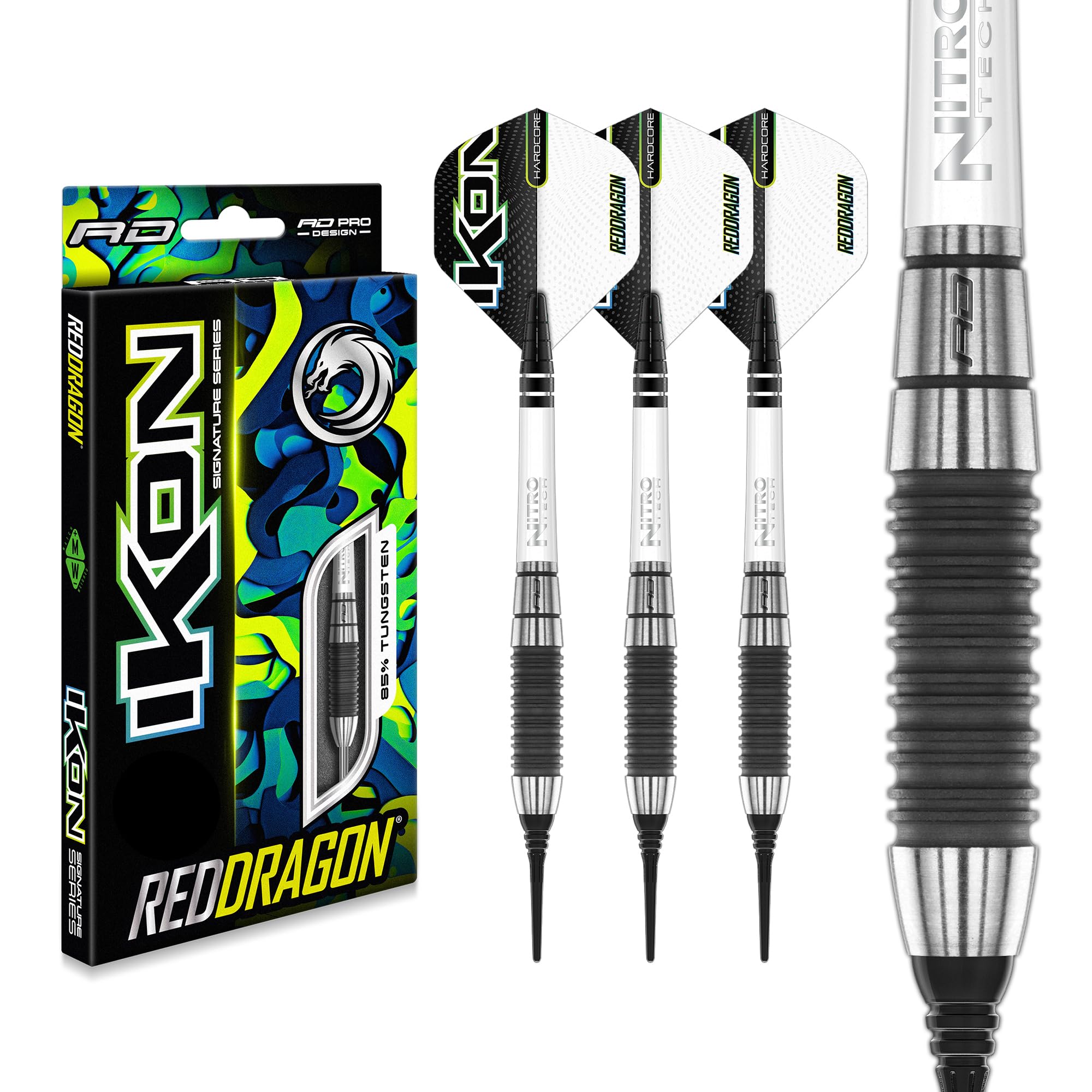 RED DRAGON Ikon Signature Series Professionnel Tungstène Jeu de fléchettes Softip avec ailettes et tiges