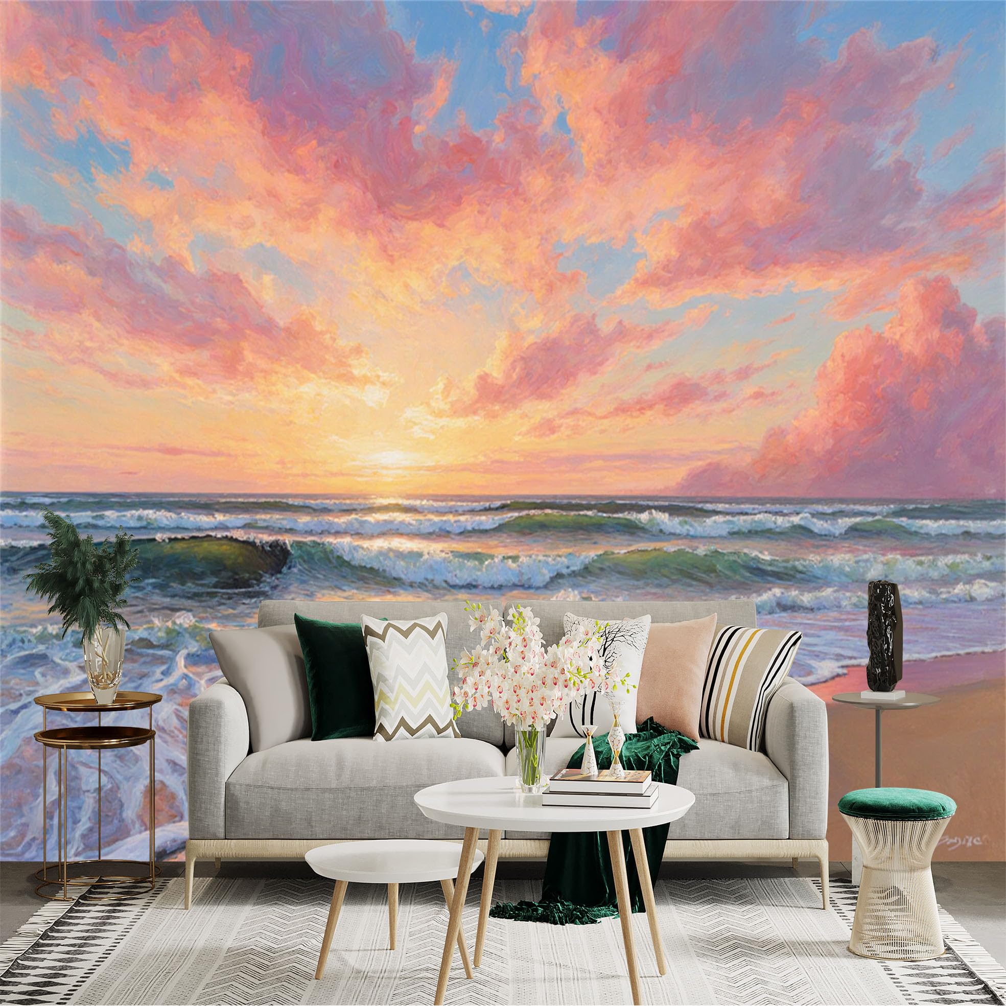 Custom Size Wall Sticker Mural， Sunset Beach with Waves and Pink Clouds， for wall Decoration， peelandstick wall Decals.
