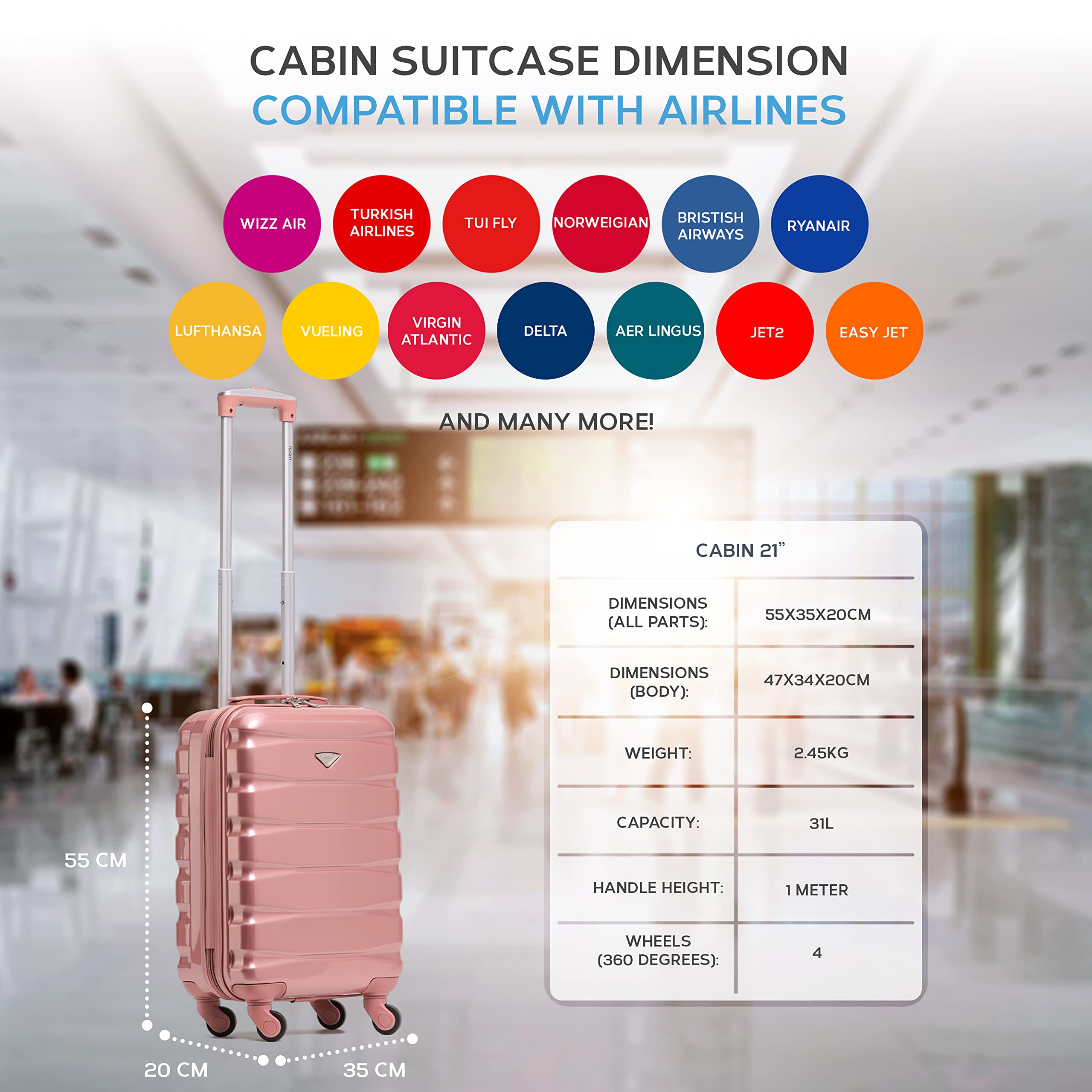 Flight Knight Cabin Suitcase 55x35x20, Carry On for Over 100 Airlines Like Ryanair, EasyJet, British Airways, Virgin Atlantic Lightweight Small Durable Cabin Bag, ABS Hard Shell, Hand Luggage