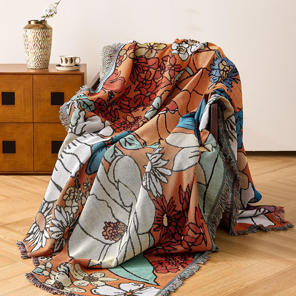 VANJOROY Sofa Large Throw Blanket For 2 3 Seater-Extra Large Throws for Settees, 100% Handwoven Thick Cotton Reversible Orange Floral Throw for Armchair Couch and Bed (230 x 250cm) โ image 1