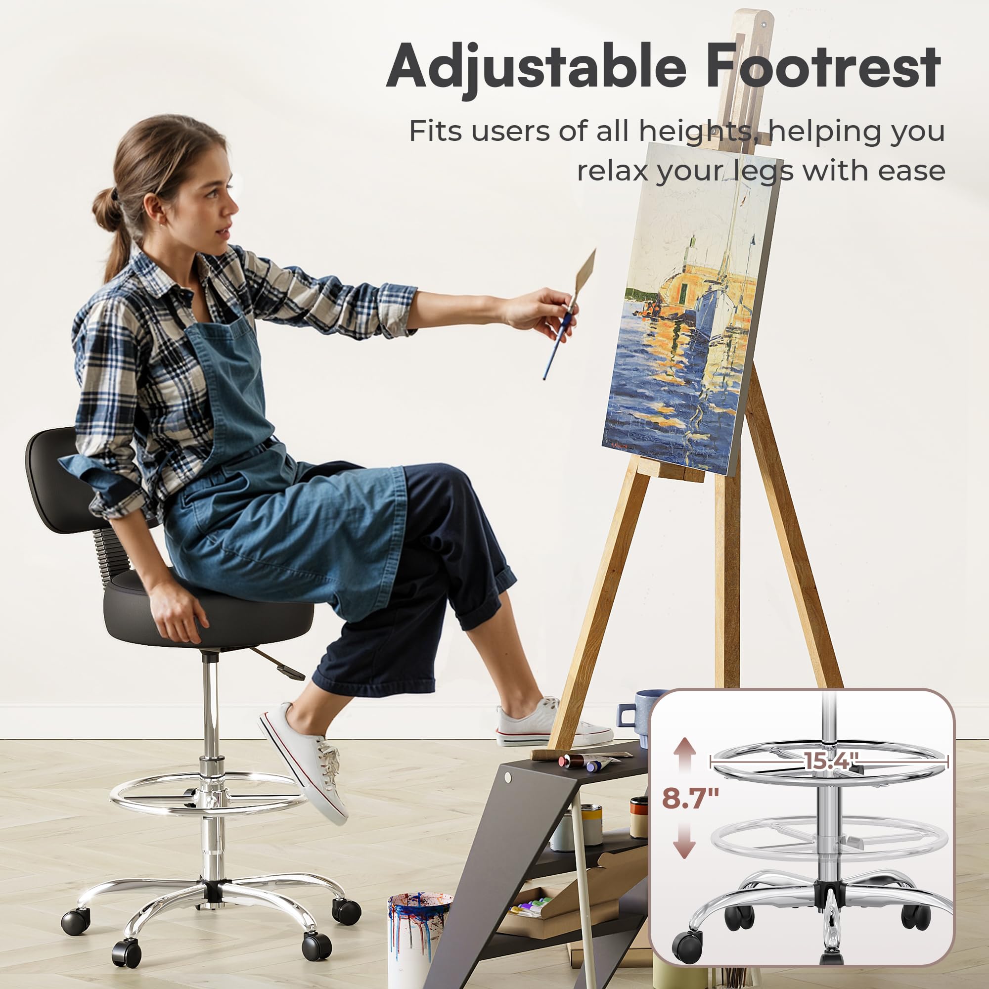 SUPERJARE Drafting Chair with Back Adjustable Foot Rest Rolling Stool Multi-Purpose Office Desk Chair Thick Seat Cushion for — view 7