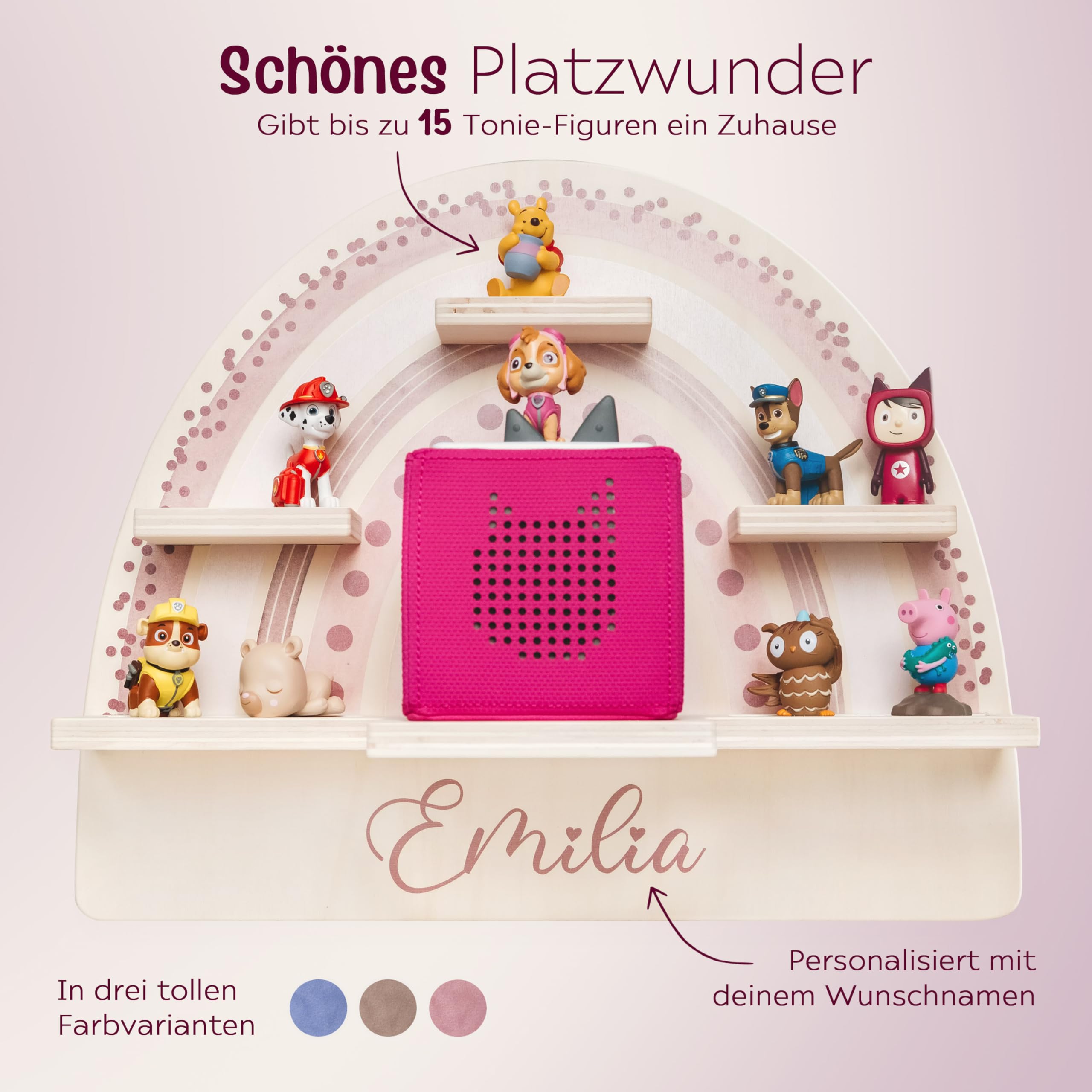 wunderwunsch personalisiertes Tonie Regal für Kinderzimmer - Magnetisches Toniebox Regal für Toniebox1 & 2 Plus Figuren mit abgerundeten Ecken & Kanten (Regenbogen rosa)