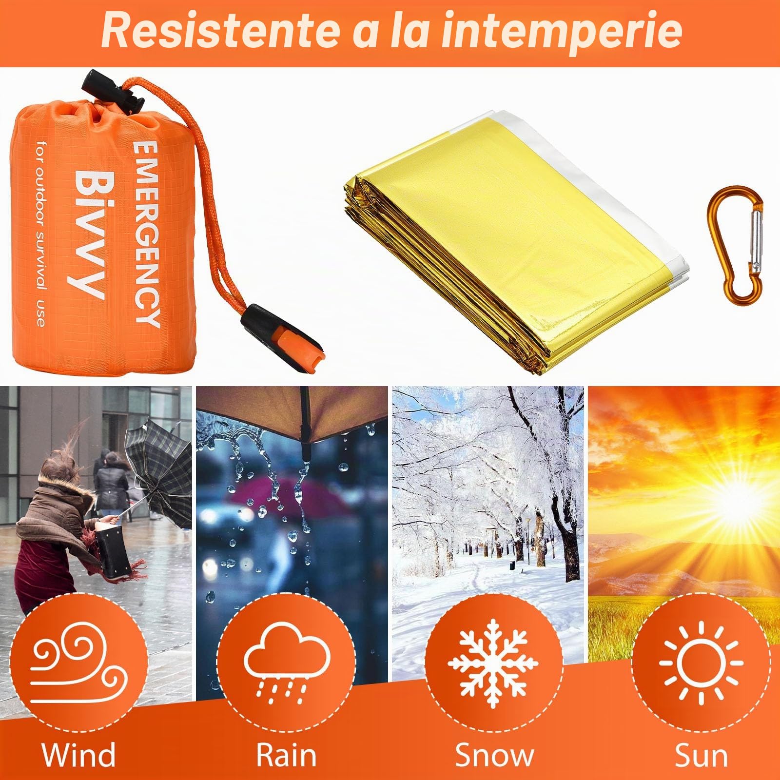3 Piezas Saco de Dormir Termico Supervivencia Ligero y Manta Termica Emergencia Oro Plata Saco de Vivac Impermeable con 2 Mosquetones para Cámping Excursionismo Trekking al Aire Libre