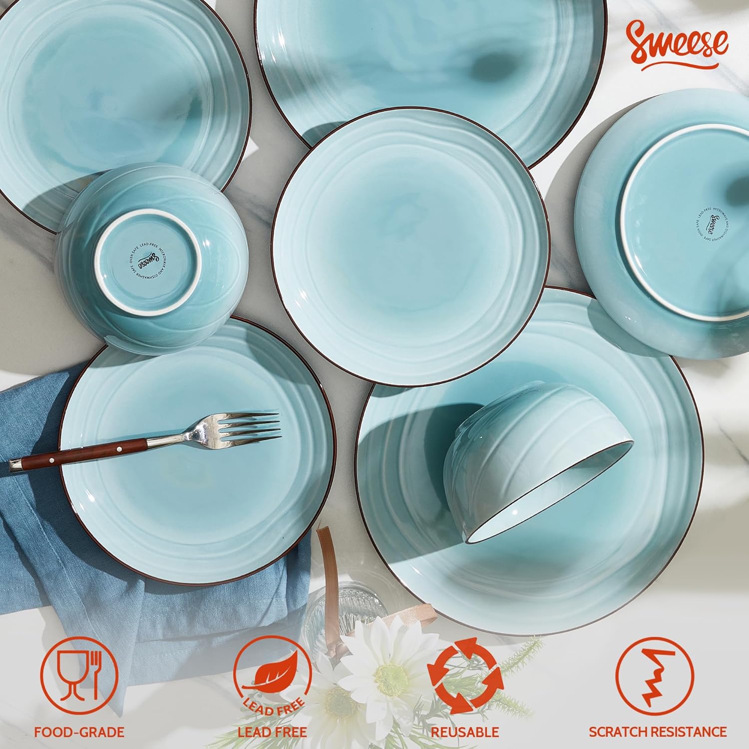 Sweese Porcelain Dinnerware Sets for 6, 18 Pieces Ceramic Plates and Bowls Sets, Handcrafted Minimalist Dinner Set, Chip and Scratch Resistant Dish Set, Dishwasher & Microwave Safe, Gradient Blue