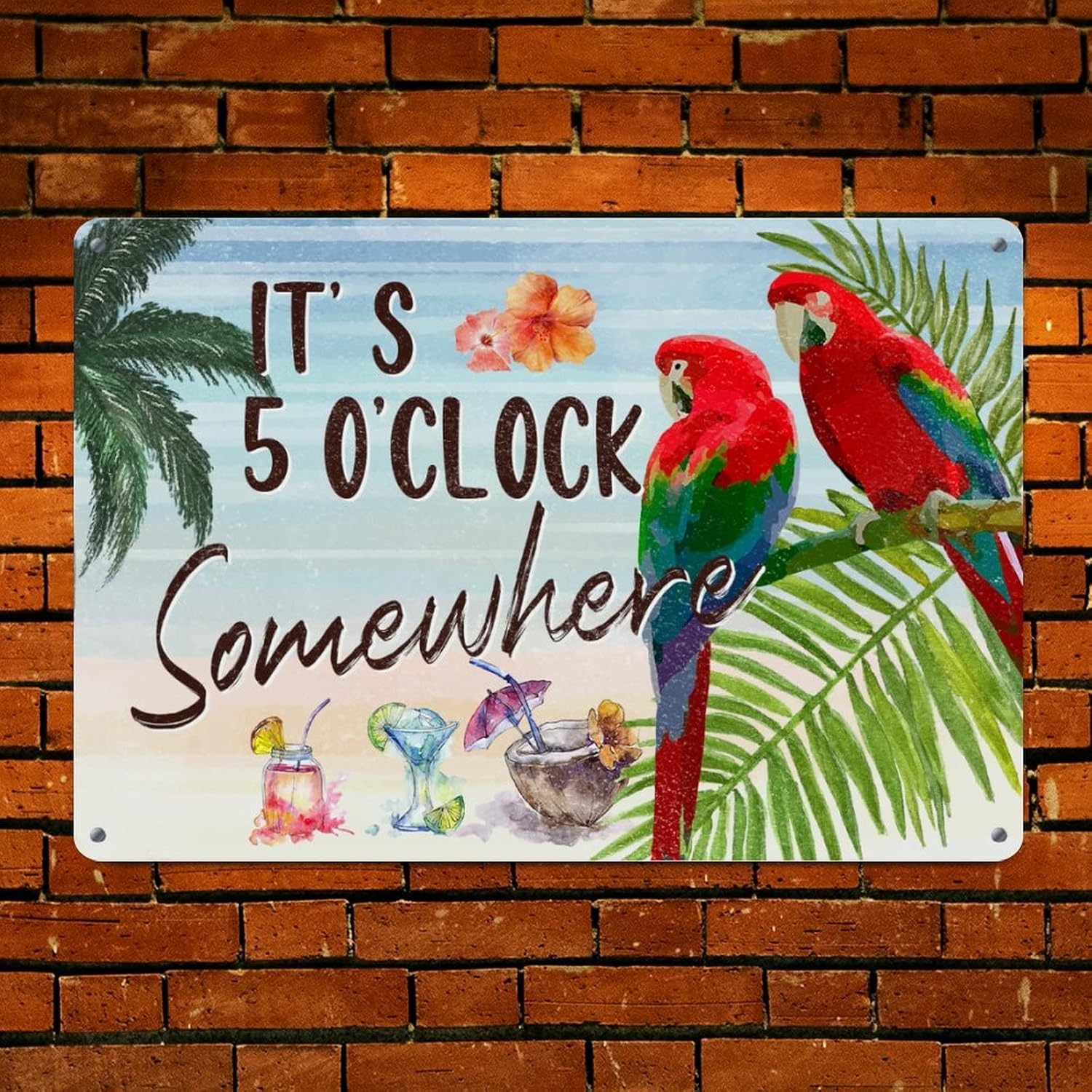 It's Five O'Clock Somewhere Wine Parrot Metal Signs Beach Decor Parrot Toucan Floral Retro Vintage Tin Metal Sign Hawaii Beach Bird Men Cave Signs for Front Porch Outdoor Bedroom 12x18in