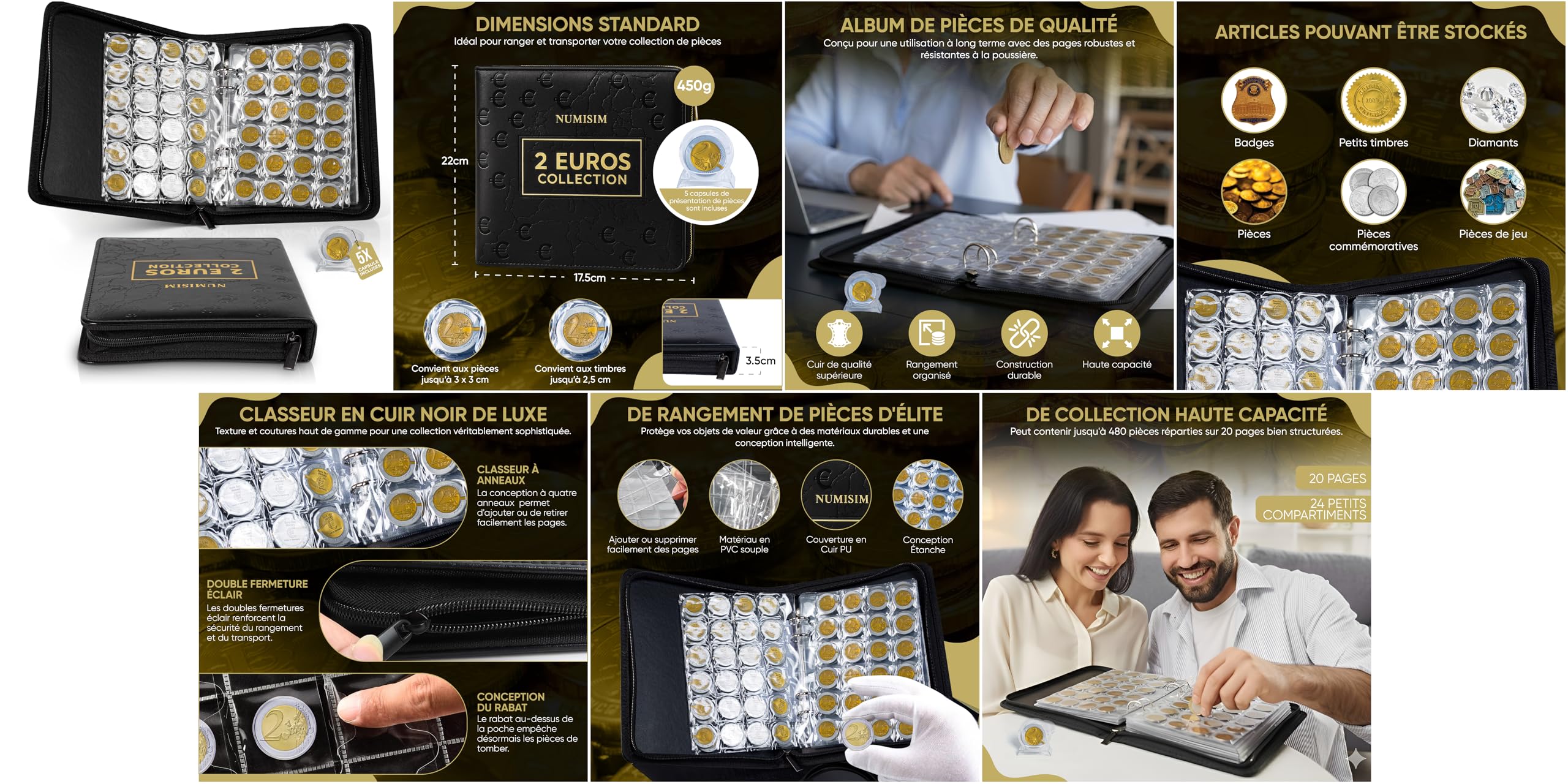Classeur pièce 2 euros – classeur numismatique 480 pochettes en cuir résistant – album collection pièces de monnaie, rangement et protection pour collectionneurs