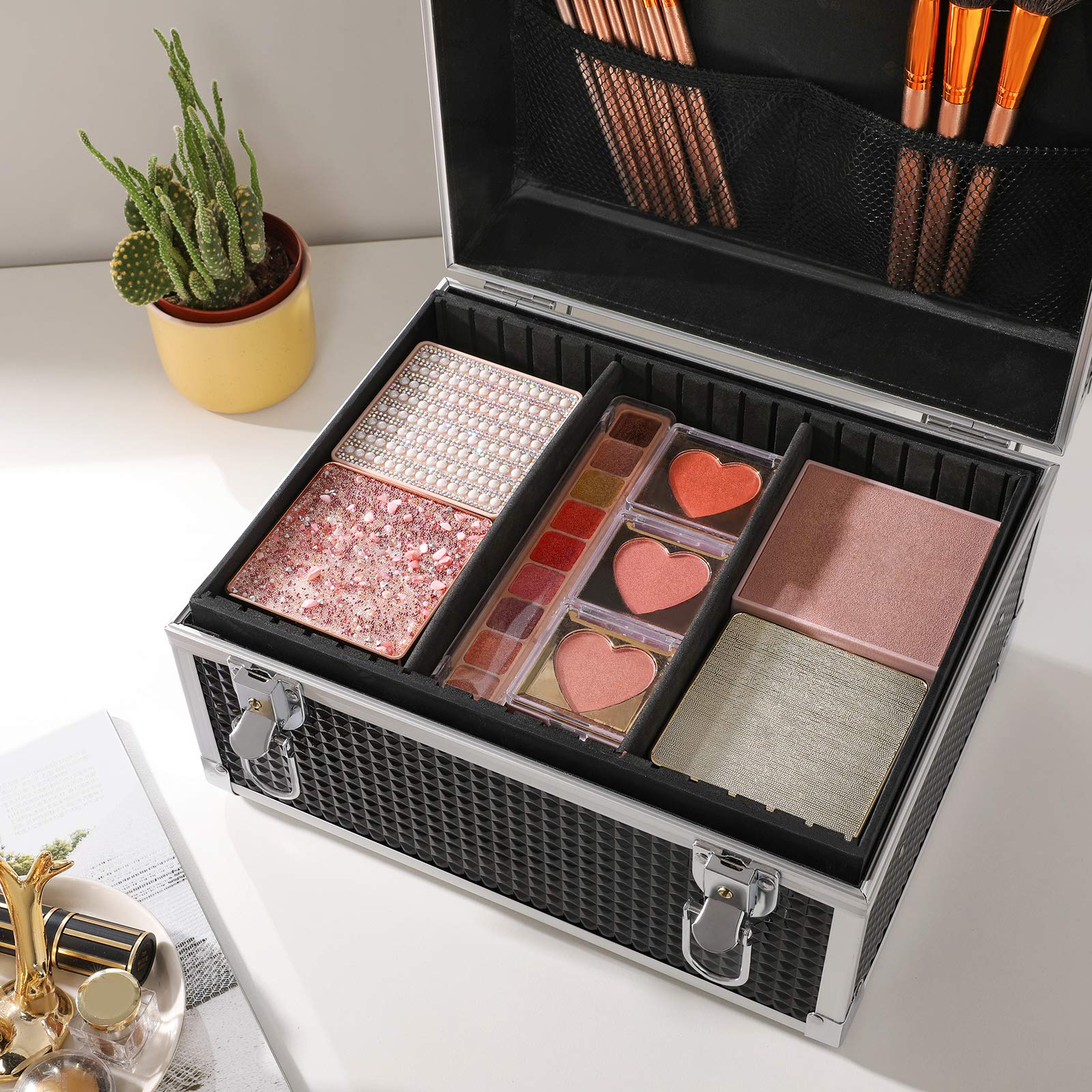SONGMICS Kosmetikkoffer, Make-up Koffer für Reisen, Schminkkoffer, Aufbewahrung, für Friseure und Visagisten, mit herausnehmbarem Tablett, mit Schlössern, schwarz JBC328B01