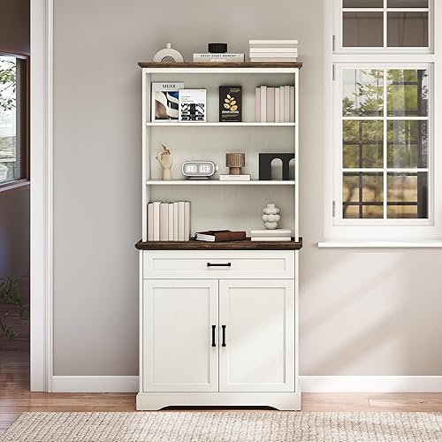 72″ Tall Bookcase with Doors & Drawer – Extra Wide Display Storage Shelf, Anti-Tip Safety, Adjustable Bookshelf for Living Room, Home Offices, Library & Creative Studios, White with Brown Board