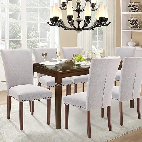 Miniatura 2 de Parsons - Juego de 2 sillas de comedor de tela tapizada silla auxiliar de cocina con ribete de cabeza de clavo y patas de madera color gris claro