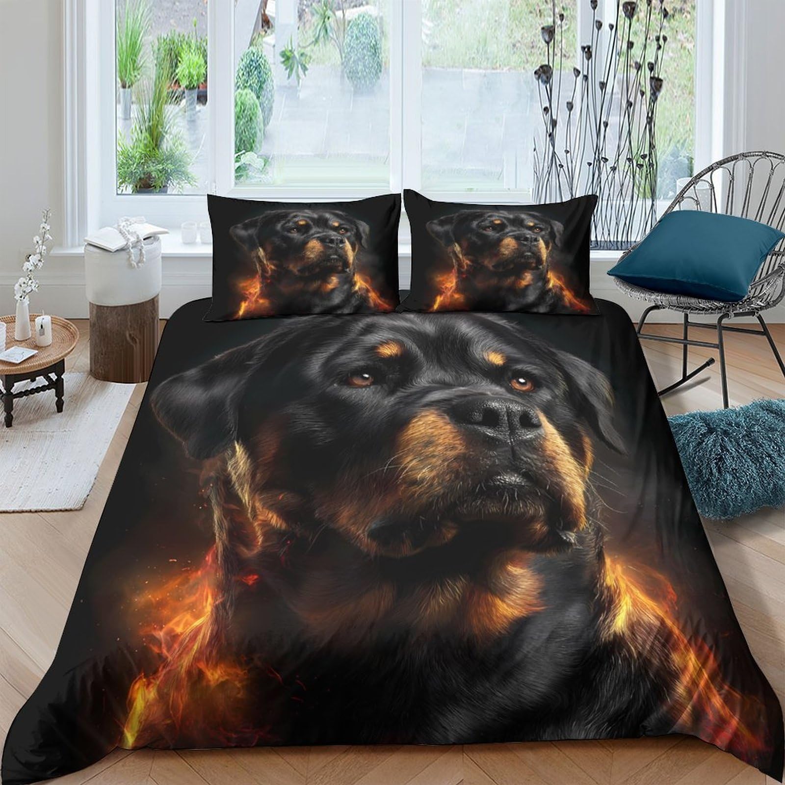 Ctjqhvkz Style-10 3D Printed Rottweiler Flame Fitted Sheet Microfiber Bed Cover For Bedroom Guest Room Mattress Protection Decor Single（135X200cm）
