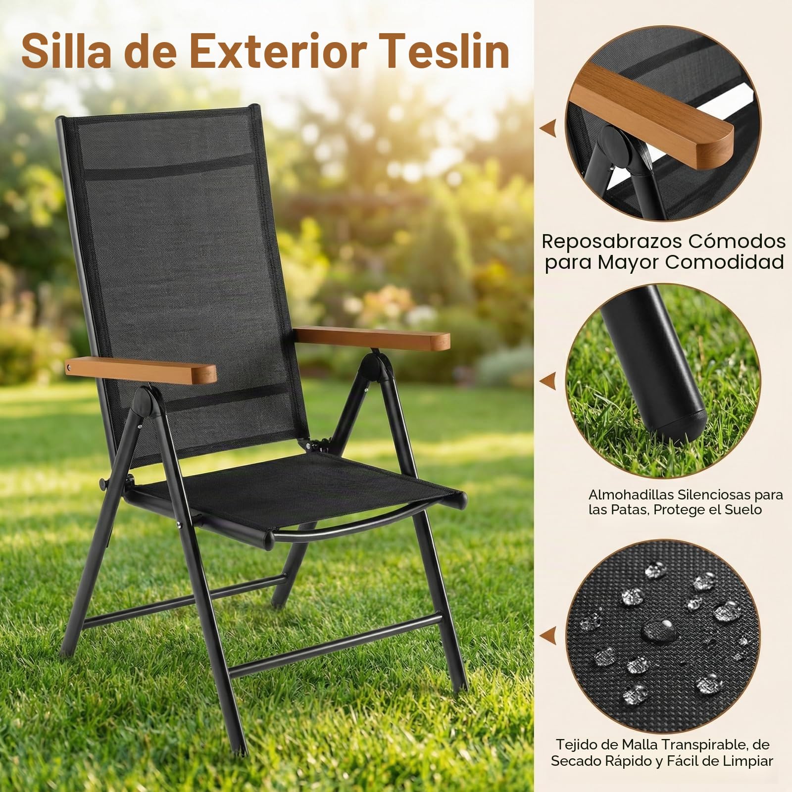 LIFERUN Juego de muebles de jardín de aluminio y WPC, 3 piezas para balcón, 2 sillas plegables y resistentes, 1 mesa de jardín con respaldo alto