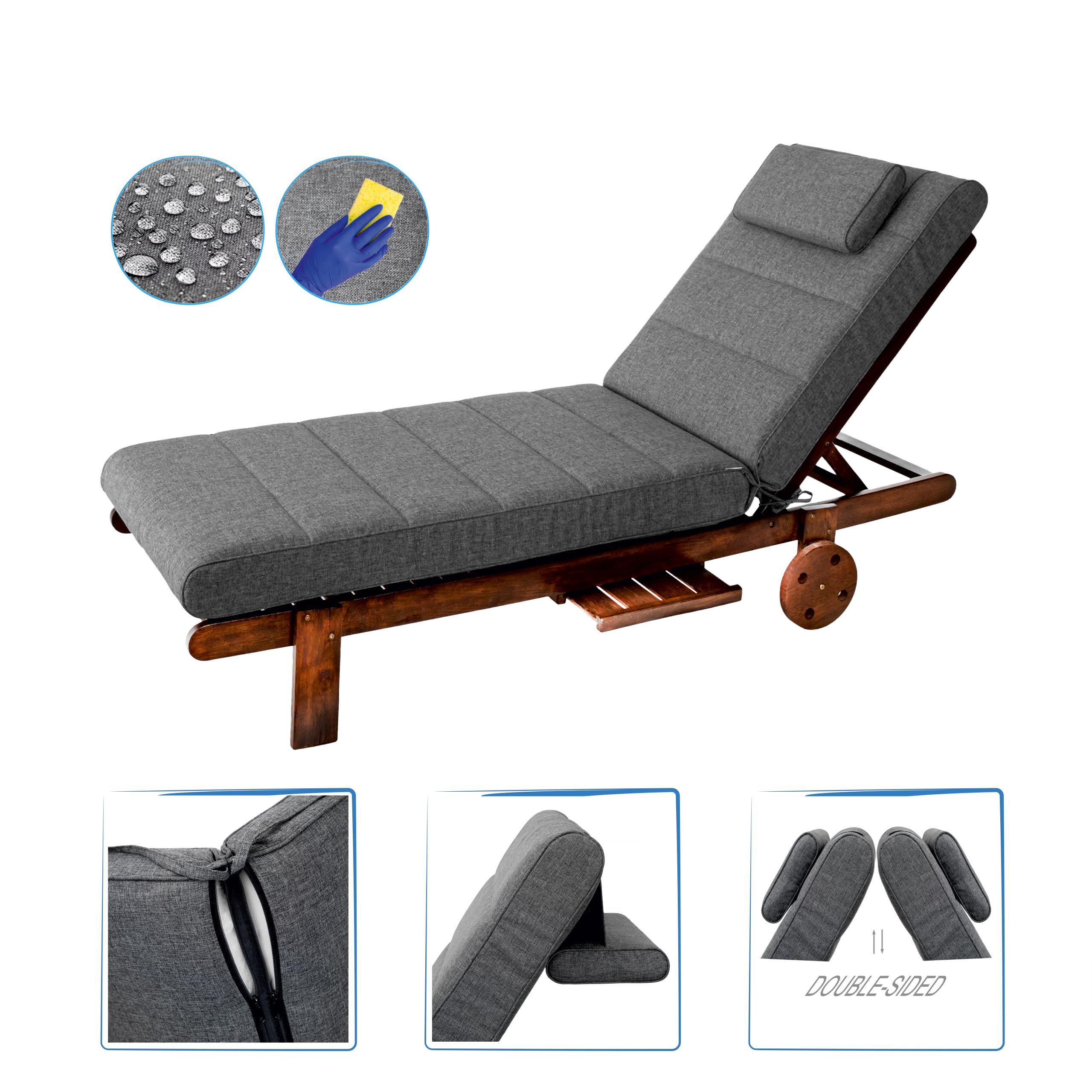 PillowPrim Meble ogrodowe materac, na leżaki, balkon, do użytku na zewnątrz, nakładka na leżak, tapicerka, poduszka do siedzenia, antracyt, 204 x 60 cm