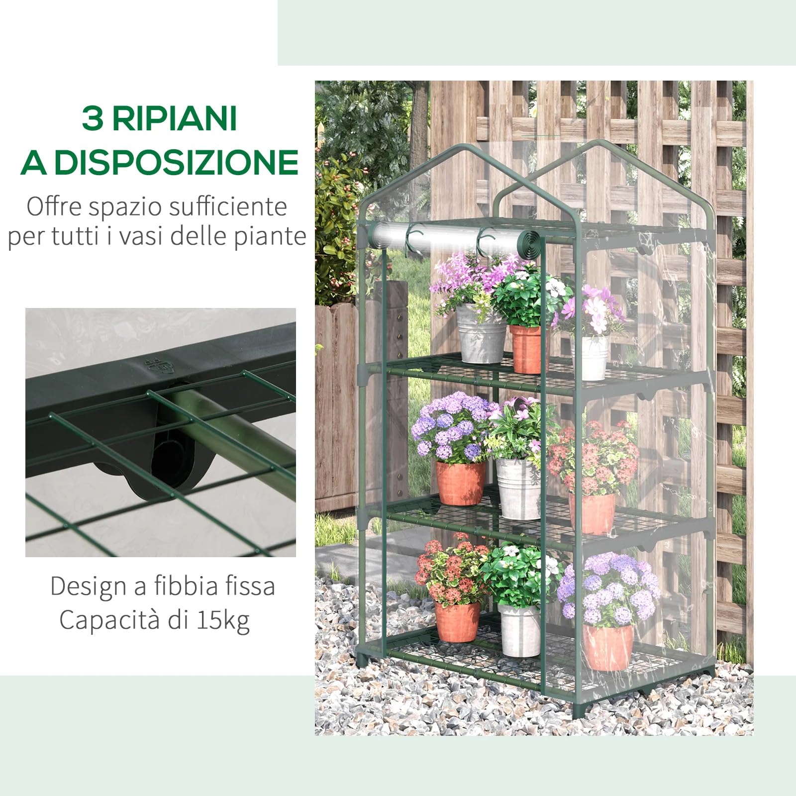 BERARDI | Serra da giardino e balcone rettangolare con telaio in acciaio | 3 ripiani con griglie da appoggio in metallo, Telo trasparente in PVC e comoda apertura a cerniera