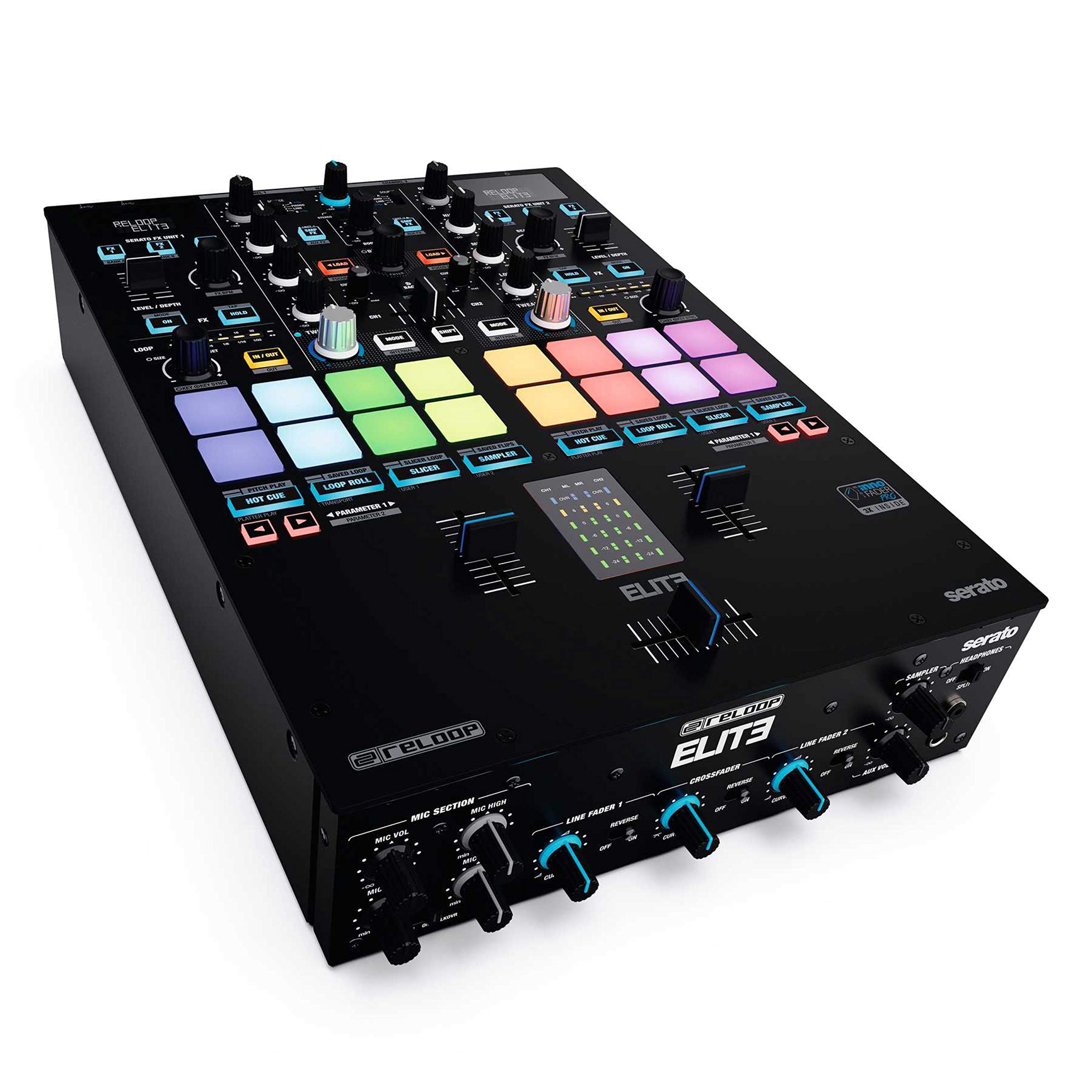 reloop ELITE - Mixer professionale per prestazioni DVS per Serato DJ Pro, Controllo fino a 12 modalità di prestazione per piattaforma, 16 Performance Pad RGB grandi e sensibili alla velocità, Nero