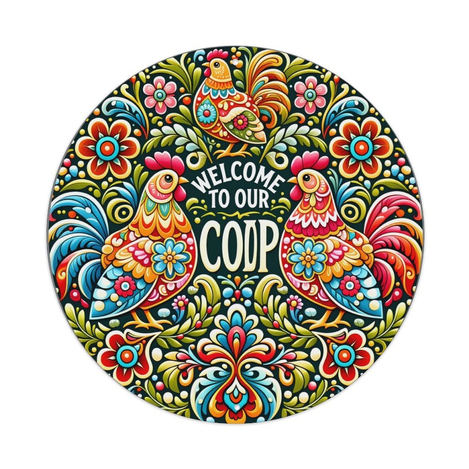 Colorful Roosters Flowers Leaves Pattern Round Tin Sign Vintage Metal Poster, Home Bar Garage Man Cave Cafe Indoor & Outdoor Wall Decoration 8x8Inches