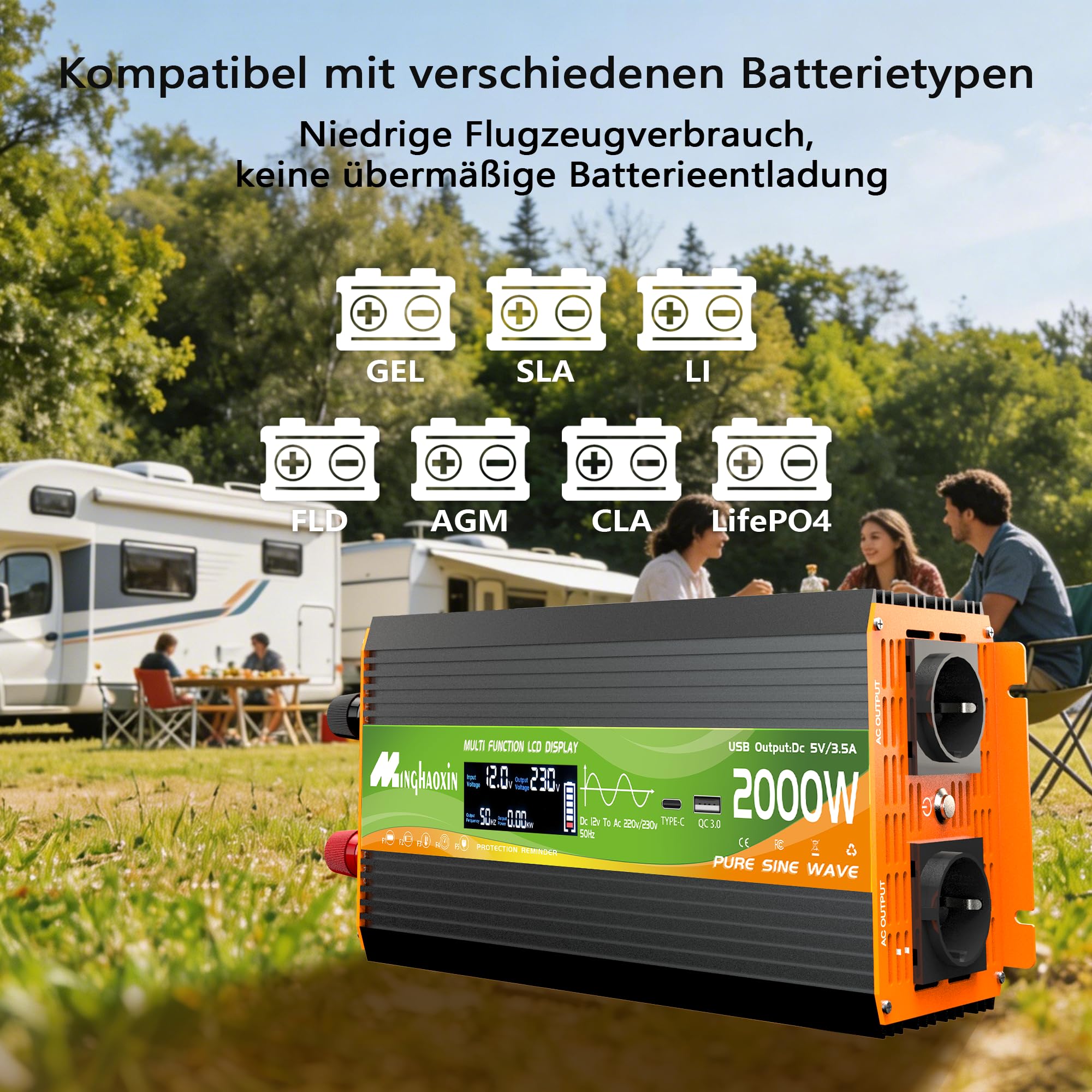 Wechselrichter 2000W Spannungswandler 12V 230V Reiner Sinus Inverter Konverter mit LCD-Display, USB-C-Anschluss und Kupferdraht 2 EU Steckdose für Solar,Fahrzeuge,Wohnmobil(Spitzenleistung 4000 Watt)