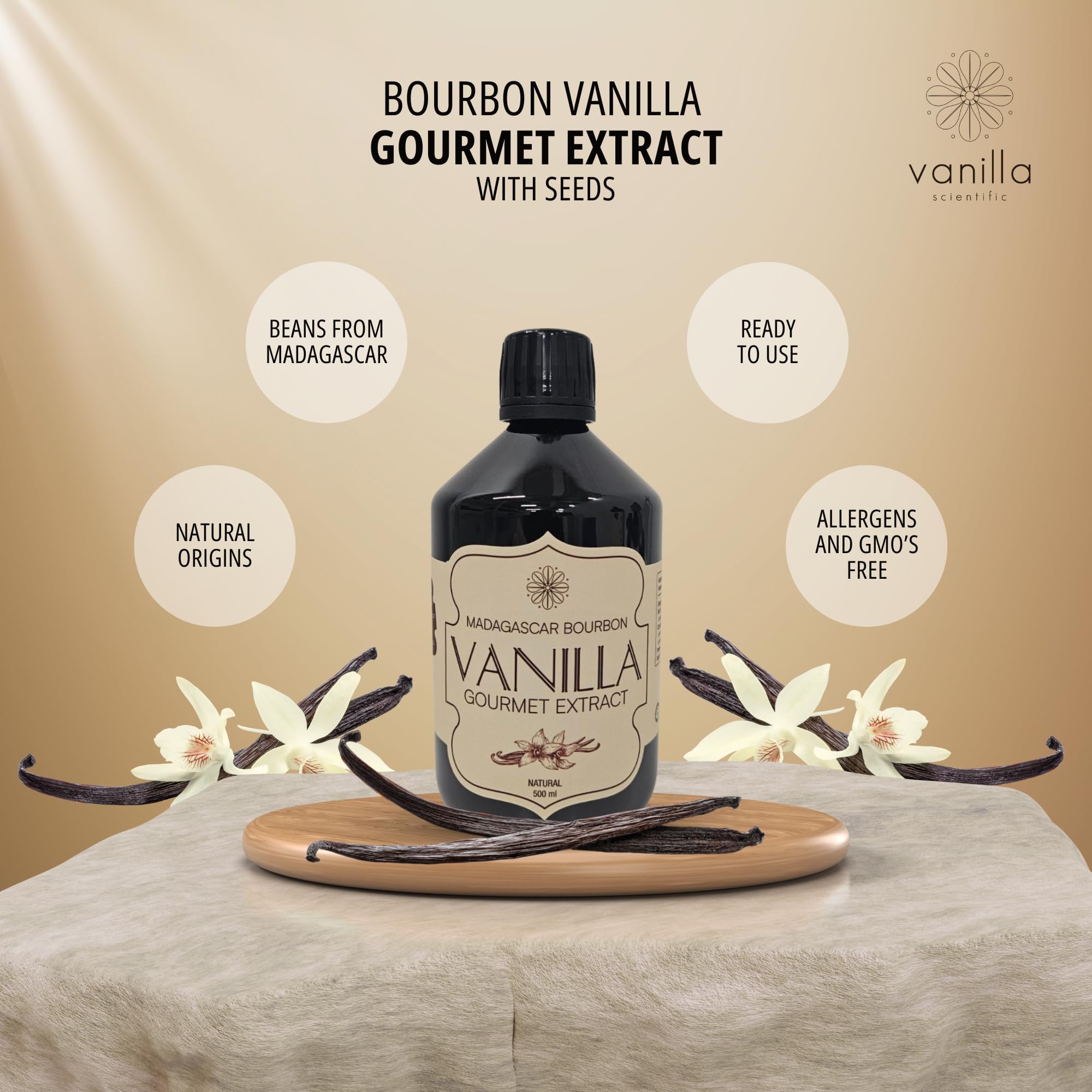 Vanilla Scientific Pure Bourbon Gourmet Vanilla Extract with Seeds - Madagascar 100% Natural Extract for Baking and Cooking - Alcohol Free, Gluten Free, Vegan, 500ml
