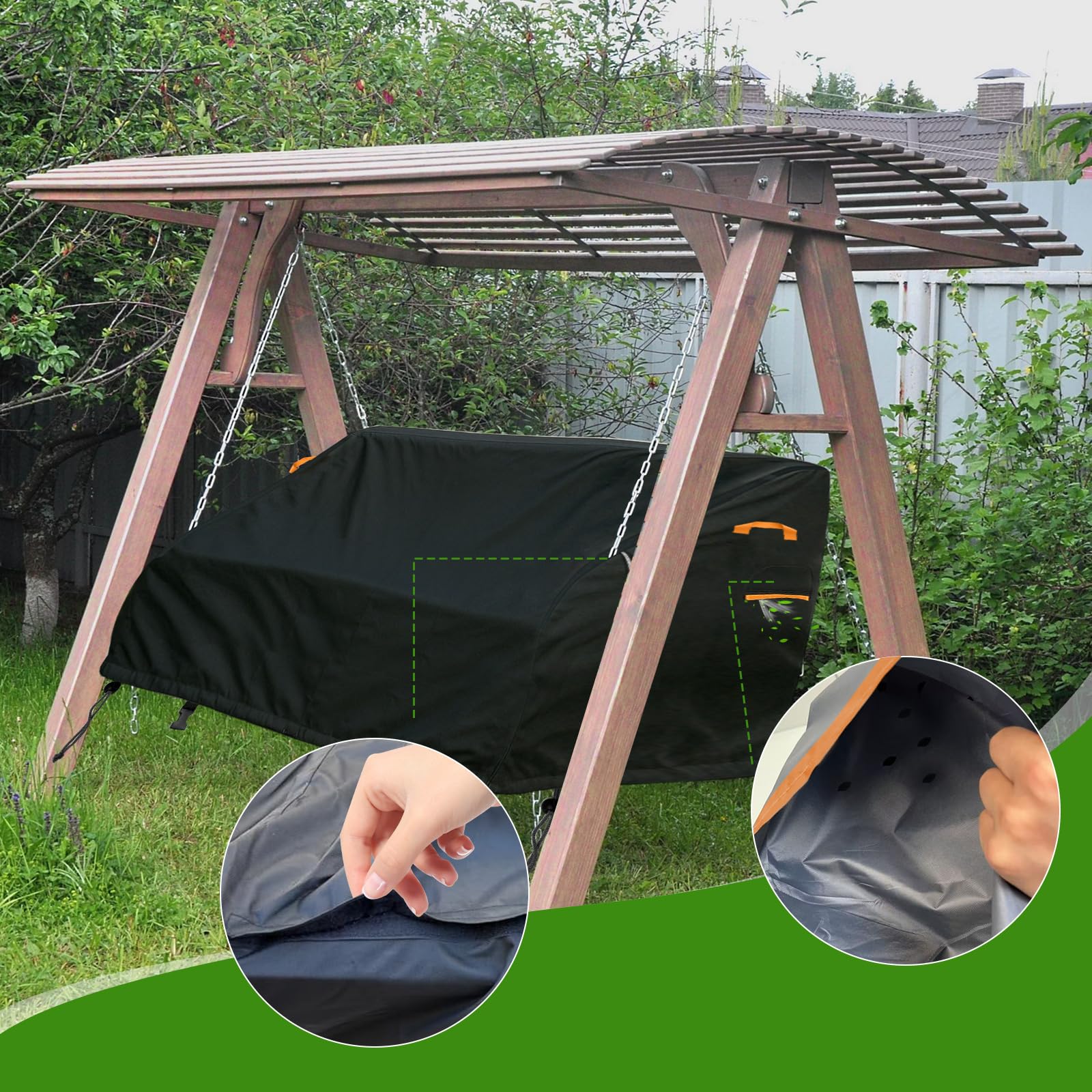 Housse de balancelle de porche, très résistante 600D, imperméable, coupe-vent, anti-UV, protection avec fermeture éclair, noire (155 x 76 x 50-70 cm)
