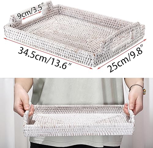 Miniatura 23 de Hipiwe Bandeja de ratán para servir con asas, bandeja decorativa tejida a mano para almacenamiento de desayunos, bebidas, aperitivos, bandeja
