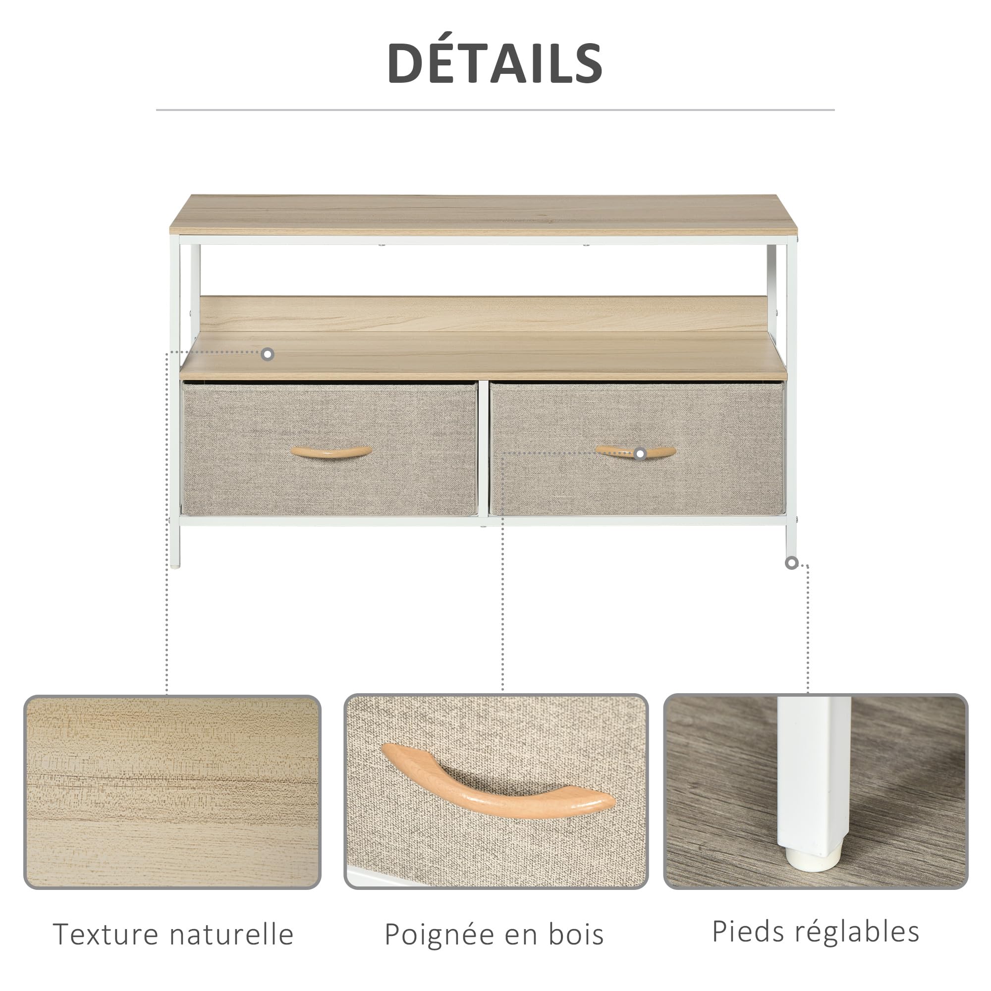 HOMCOM Meuble TV Bas sur Pieds Support TV pour télévison jusqu'à 47 Pouces Style Industriel 2 tiroirs en Tissu Gris Bois Naturel et métal Blanc