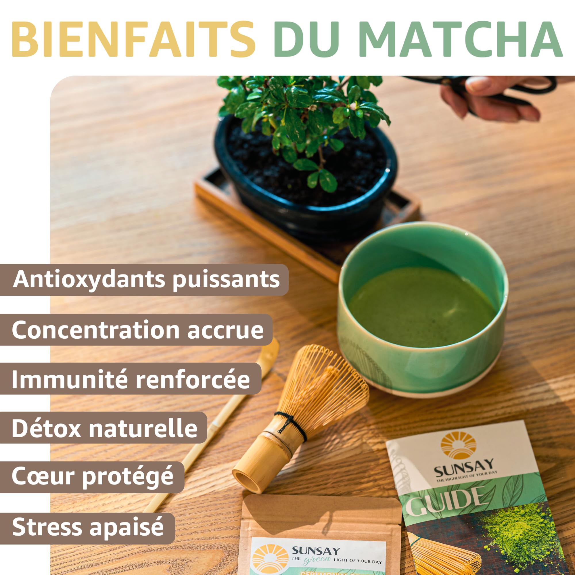 SUNSAY® Kit Matcha Bio Japonais | Coffret Complet avec Matcha Grade Cérémonial + Bol Chawan + Fouet Chasen + Cuillère Bambou | Conditionné en France