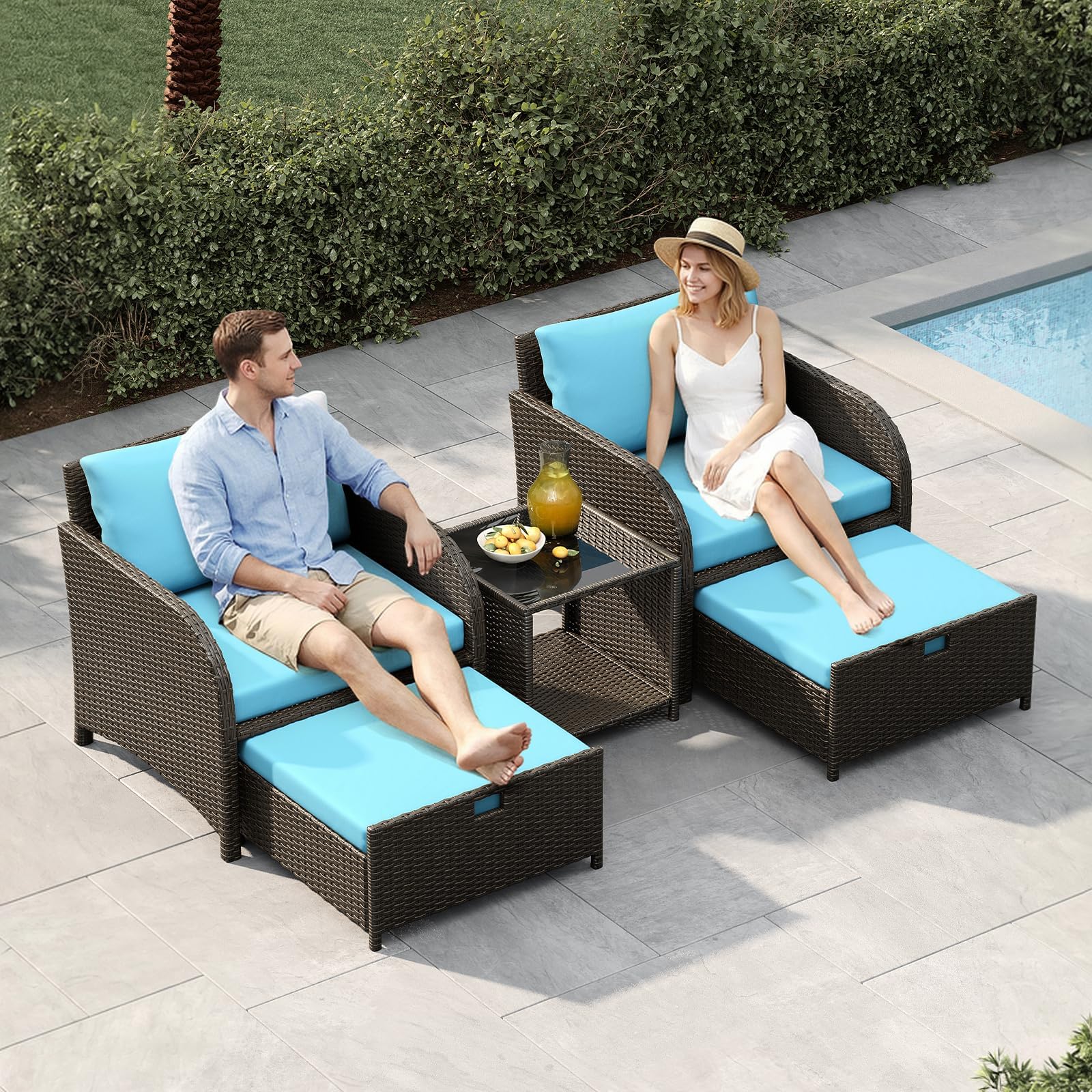 Aptliton 5 Piece Rattan Garden Furniture Set, 2 Armchairs 2 Ottomans Coffee Table, PE Wicker Outdoor Conversation Set with Thick Cushions, Tempered Glass Tabletop, Space-Saving Design, Sky Blue