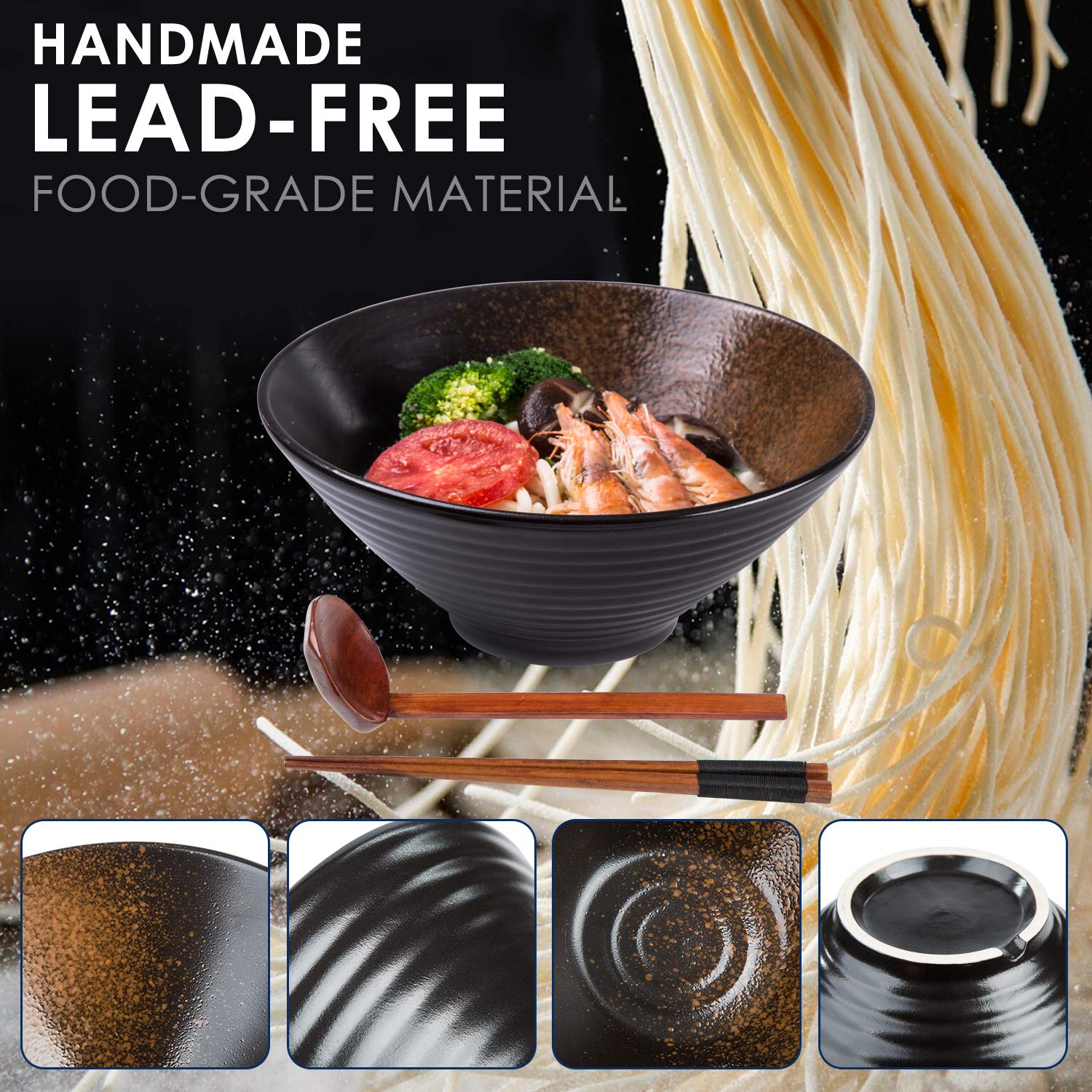 Genérico Juego de 6 tazones Grandes de Porcelana para Sopa Ramen de 2,700 ml con cucharas y Palillos, para Udon, Pasta, pho, soba, Cereales y ensaladas.