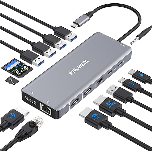 Estación de acoplamiento para portátil con monitor doble, adaptador multipuerto USB C 14 en 1 con 2 HDMI, DisplayPort, Ethernet, SDTF, puertos USB