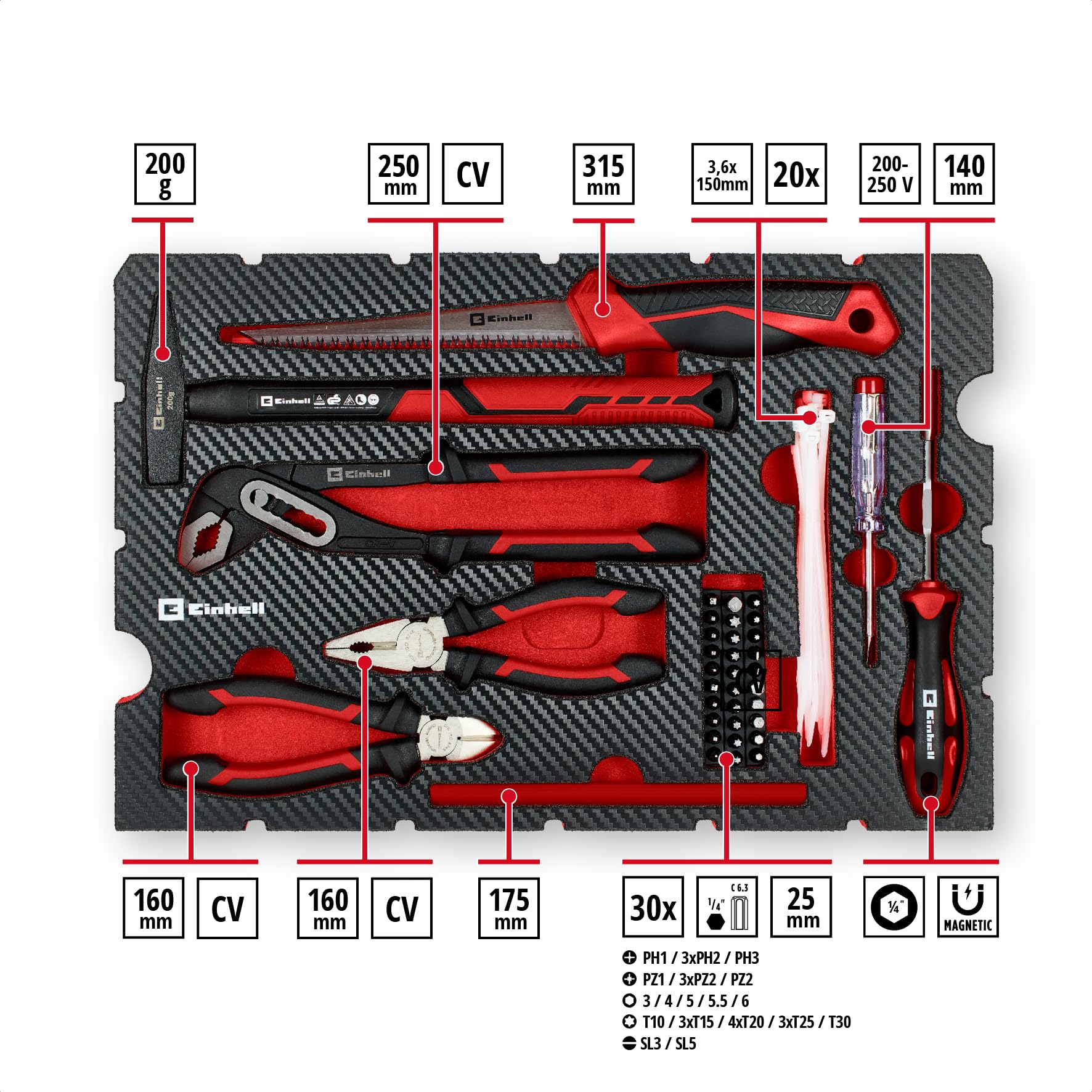 Original Einhell E-Case valigetta attrezzi 78 pezzi ristrutturazione (ristrutturazioni, punte trapano, inserti, utensile fughe, pinze, spatola, sega legno, chiave rullino, livella, valigetta sistema)