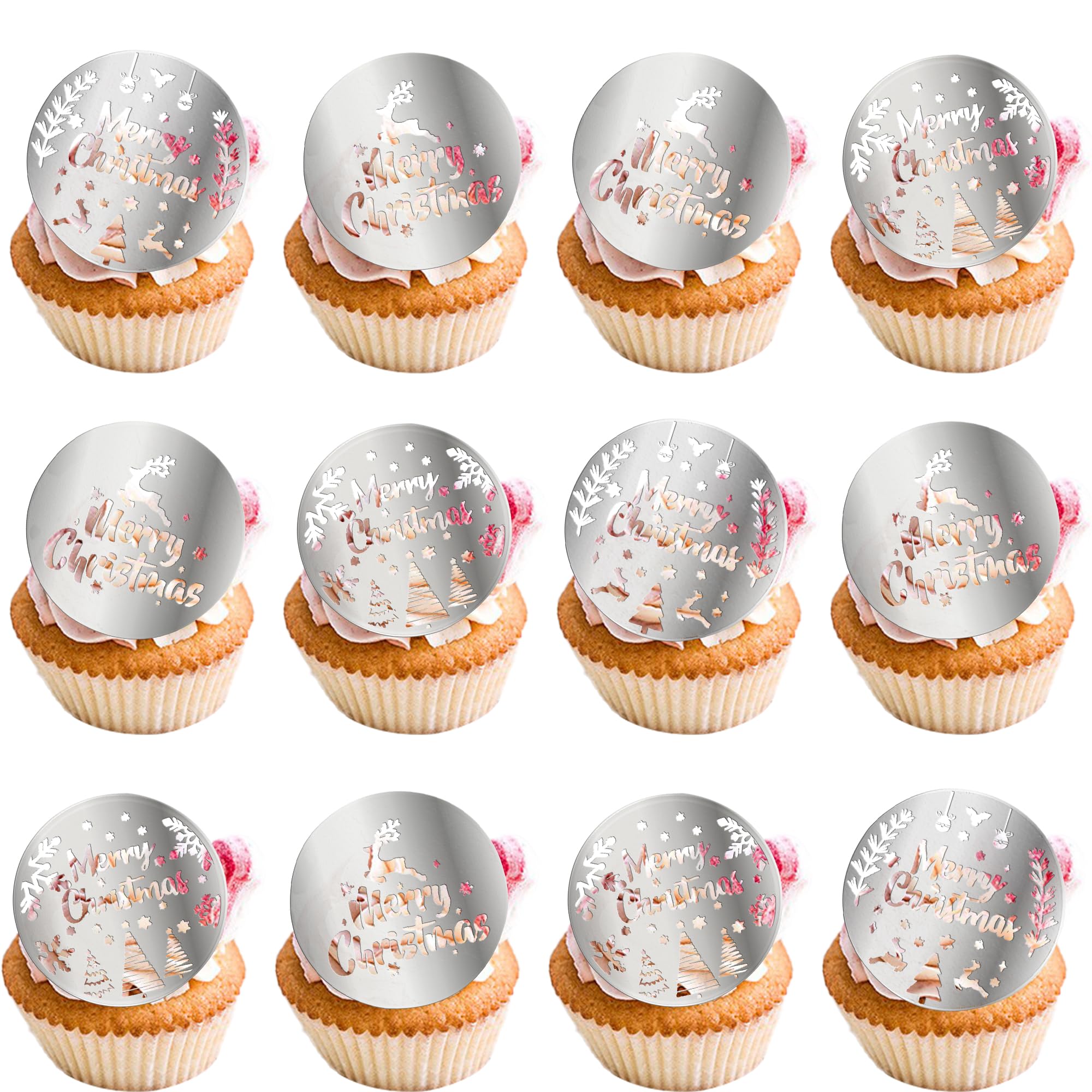 Gyufise 15Pcs Acrylic Christmas Cupcake Toppers Personalized Xmas Signs Snowflake Elk Cupcake Picks for New Year Christmas Celebration Party DIY Cake Decorations Supplies Silver