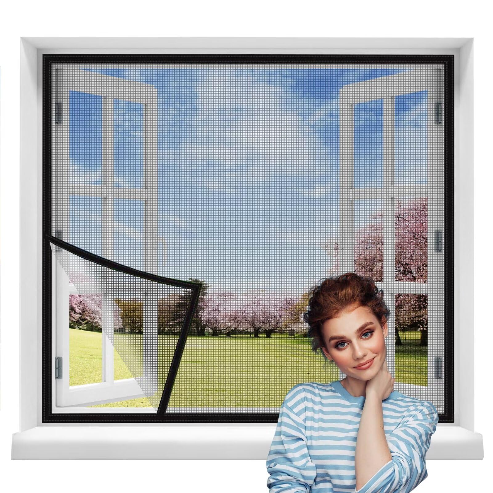 Pollenschutzgitter Fenster 165x190cm Schwarz ohne Bohren Klebmontage | Durchsichtig | Fliegenvorhang Moskitonetz