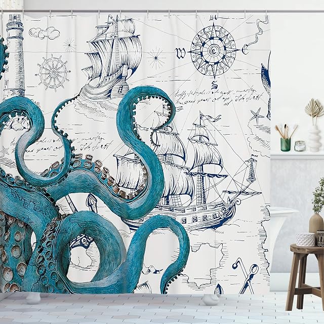GOOSING Cool Octopus Shower Curtain Anime Nautical Shower Curtain Teal Kraken Shower Curtain Sailboat Pirate Shower Curtain Polyester Waterproof Shower Curtain 72x72 Inch