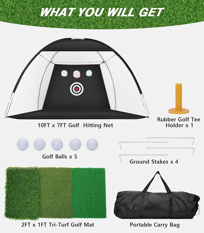 WUDLEP Golf Edzőhálózat 10x7ft Tri-Turf Szőnyeggel, Ütéspálya Szett Labdákkal és Tárcsákkal