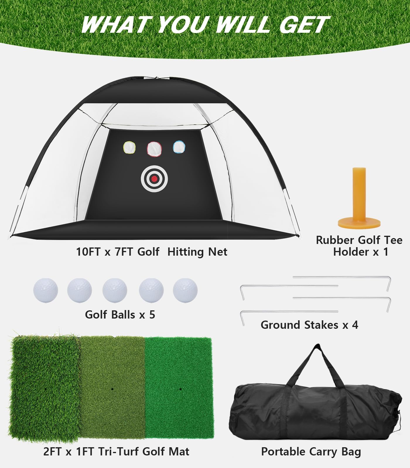 Golf Net, 10x7FT Home Golf Hitting Aids Equipment with Foldable Tri-Turf Mat for Backyard Driving Chipping Swing with Training Target/Balls/Tee for Outdoor Indoor, Gifts for Men Him Dad Boys Golfers