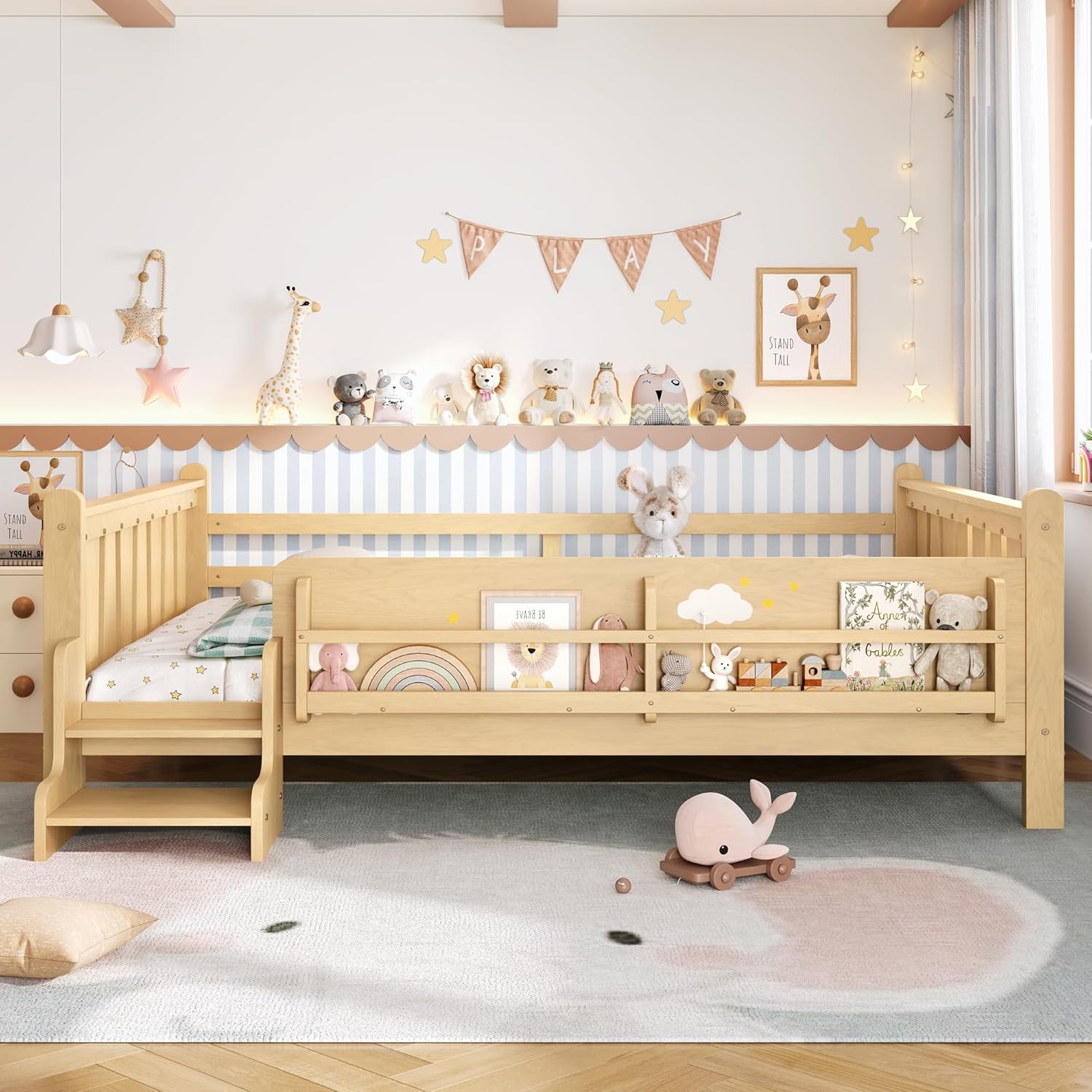 LUMISOL Queen Size Platform Bed Frame for Kids, Solid Wood Bed Frame with Bookshelves and Stairs, No Box Spring Needed, Light Natural