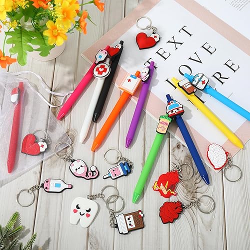 Miniatura 4 de Whaline Paquete de 10 bolígrafos de enfermera, juego de regalo de agradecimiento, bonitos bolígrafos retráctiles, llaveros con bolsas de organza,