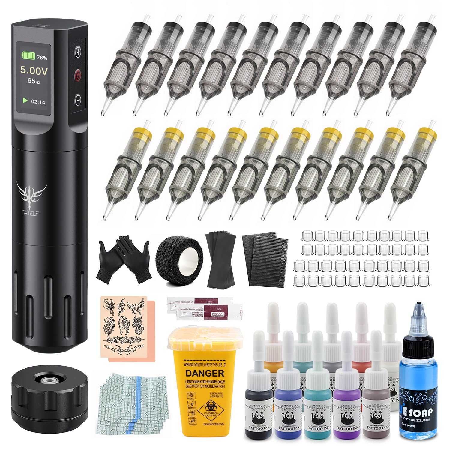 Máquina de Rotativa Inalámbrica con Pantalla LCD y Batería 1600mAh, Conexión RCA, 10 Tintas 20 Agujas para Principiantes y Artistas Kit Completo Profesional TATELF