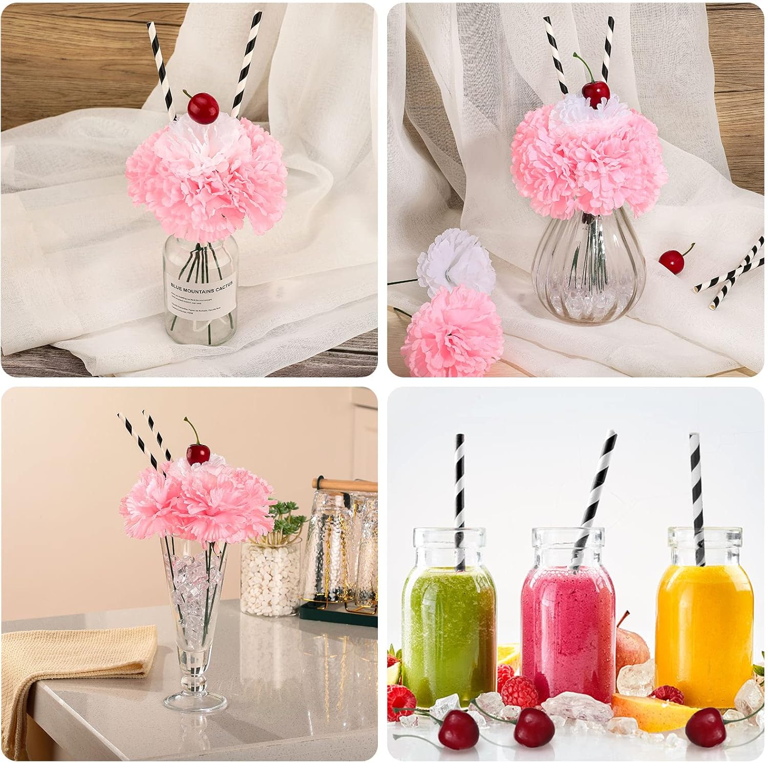WILLBOND 12 Sets Pink Carnations Artificial Flowers, 50's Theme Party Decorations Include White Pink Carnation Lifelike Cherries and Paper Straws for Sock Hop Rock and Roll Grease Party Decorations