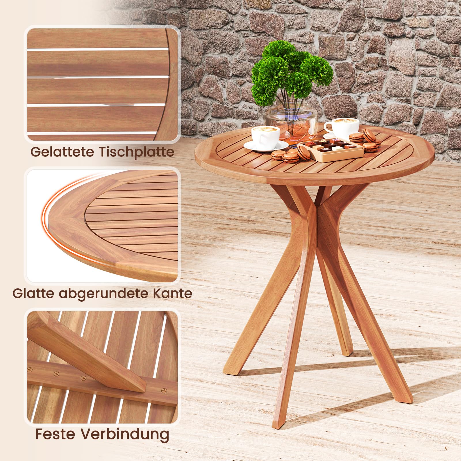 COSTWAY Gartentisch Holz wetterfest, Ø70 cm runder Holztisch