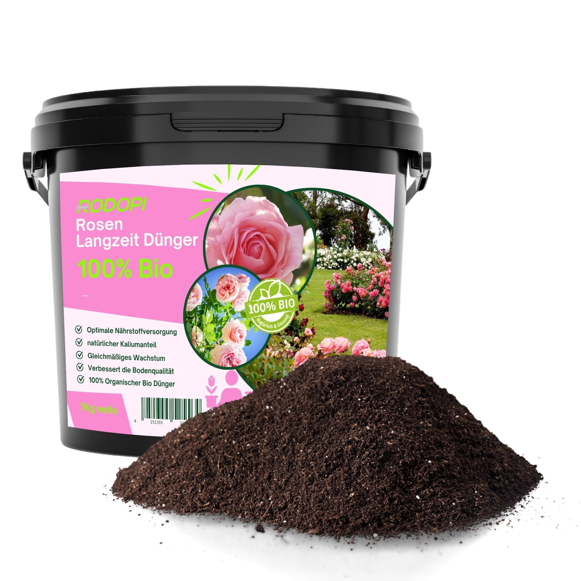 Rodopi Bio Rosendünger 7 Kg – Organischer Langzeitdünger 7-3-8 mit Eisen – 3 Monate Wirkung