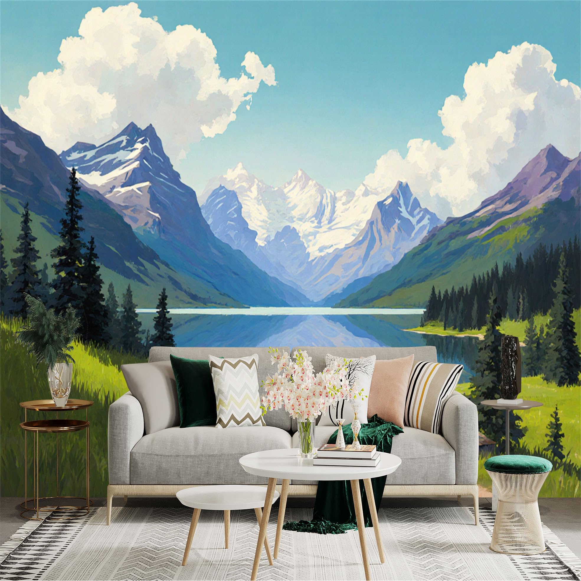 Lnzczhyre Xc260505190 Custom Size Wall Sticker Mural， Majestic Snow Capped Mountains， Serene Alpine Lake， Lush Green Meadow With Pine Trees， Blue Sky Landscape， For Wall Decoration， Peelandstick Wall Decals.